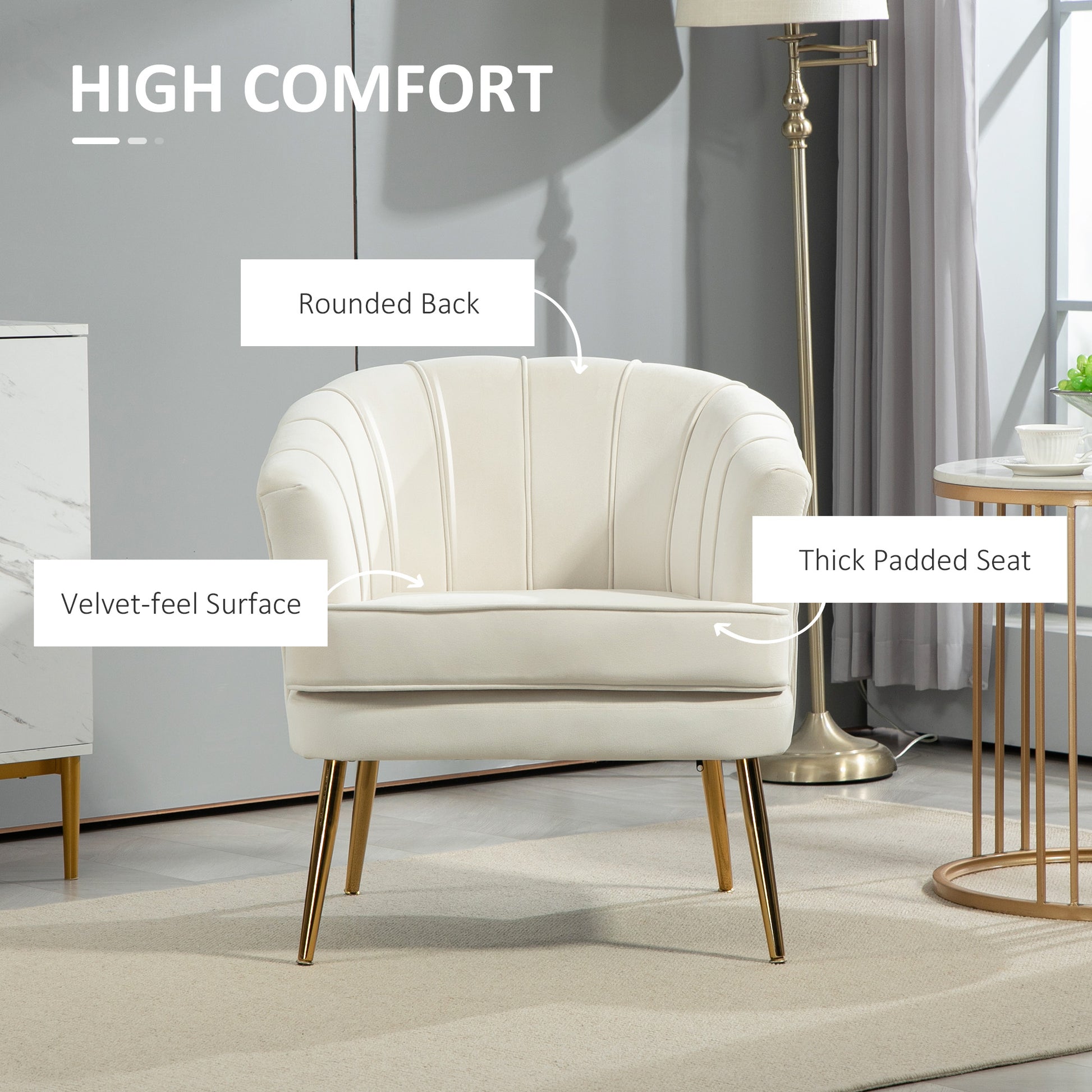 Fabric Armchair, Modern Accent Chair with Gold Metal Legs for Living Room, Bedroom, Home Office, Cream White Accent Chairs at Gallery Canada