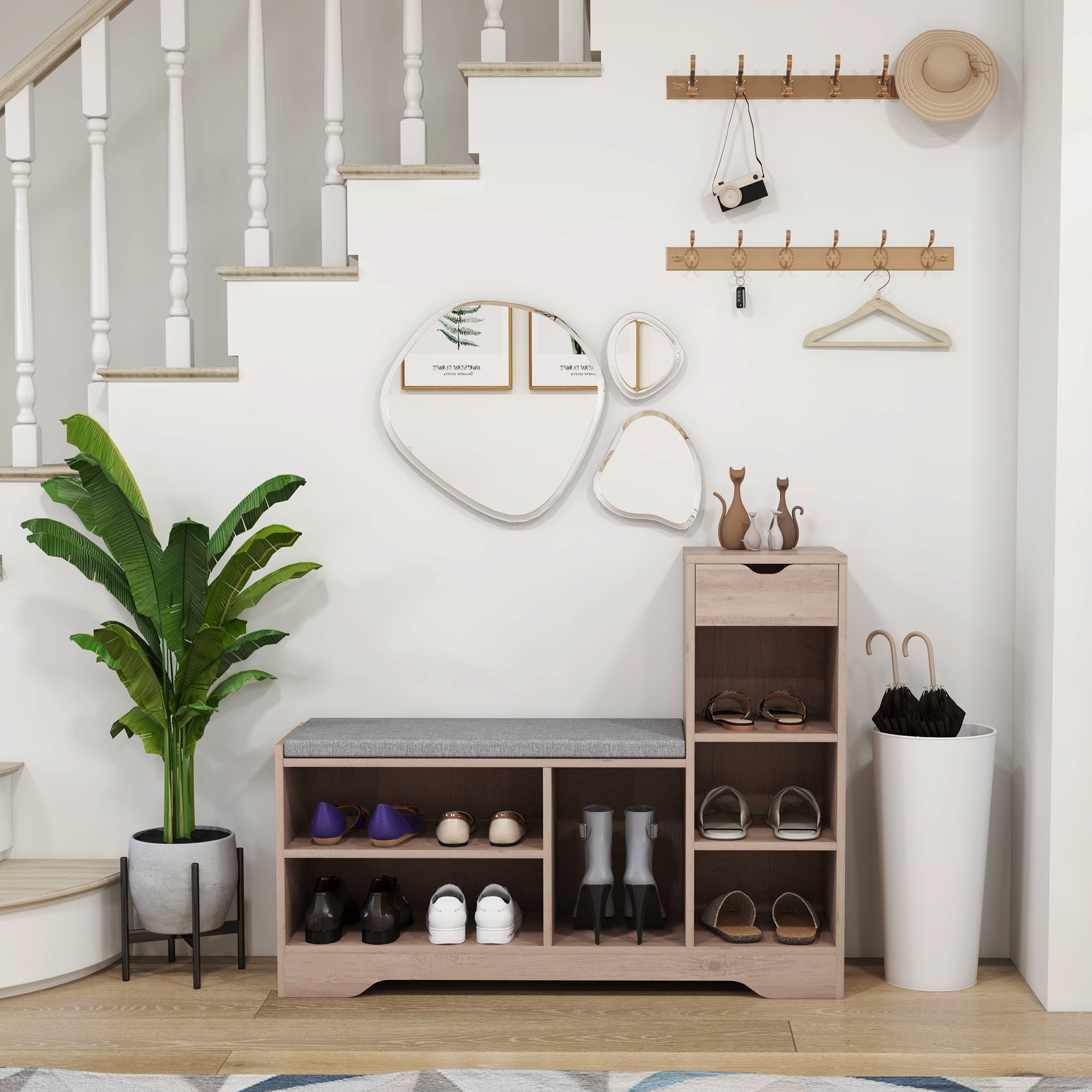 Upholstered Shoe Storage Bench w/ Seat, Entrance Bench w/ Drawer and 6 Open Shelves for Hallway, Grey Shoe Storage Cabinets & Racks   at Gallery Canada