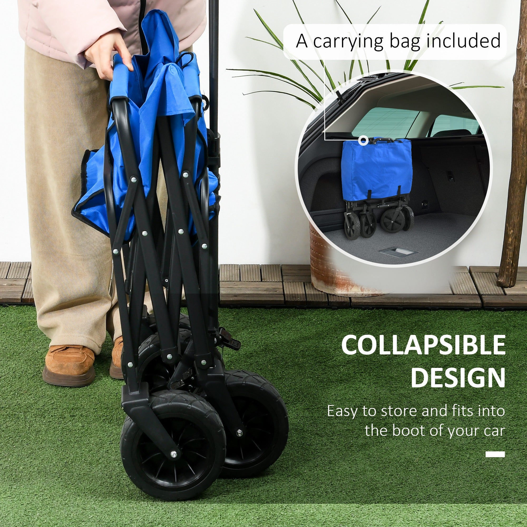 Steel Frame Folding Garden Cart, Collapsible Wagon Cart with Removable Canopy, Telescopic Handle and Carrying Bag, Dark Blue Folding Garden Carts at Gallery Canada