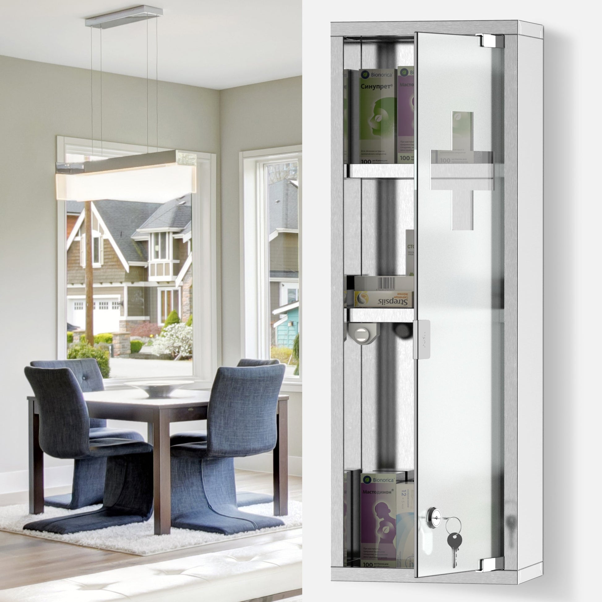 Wall Mount Medicine Cabinet, Bathroom Cabinet with 3 Tier Shelves, Stainless Steel Frame and Glass Door, Lockable with 2 Keys, Silver, 8" x 23" Mirror Medicine Cabinets   at Gallery Canada