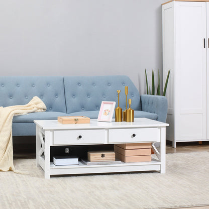 Coffee Table with Storage, Farmhouse Living Room Table with Drawers and Open Shelf, Centre Table with X-frames, White Coffee Tables   at Gallery Canada