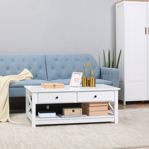 Coffee Table with Storage, Farmhouse Living Room Table with Drawers and Open Shelf, Centre Table with X-frames, White