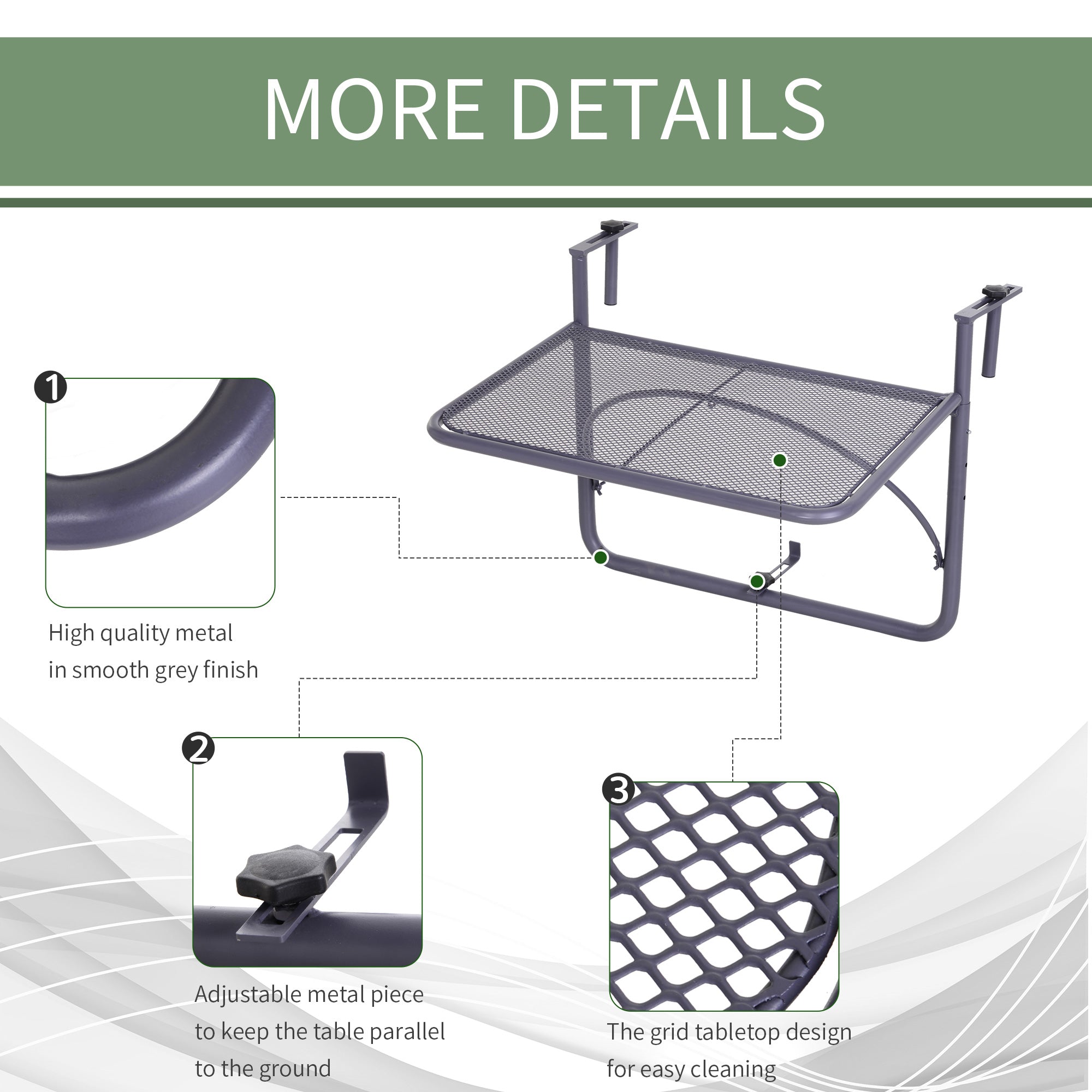 Adjustable Balcony Hanging Railing Table, Metal Mounting Mini Wall Desk Storage Rack, Outdoor Flower Stand Serving Table Rectangle, Grey Balcony Table Hanging at Gallery Canada