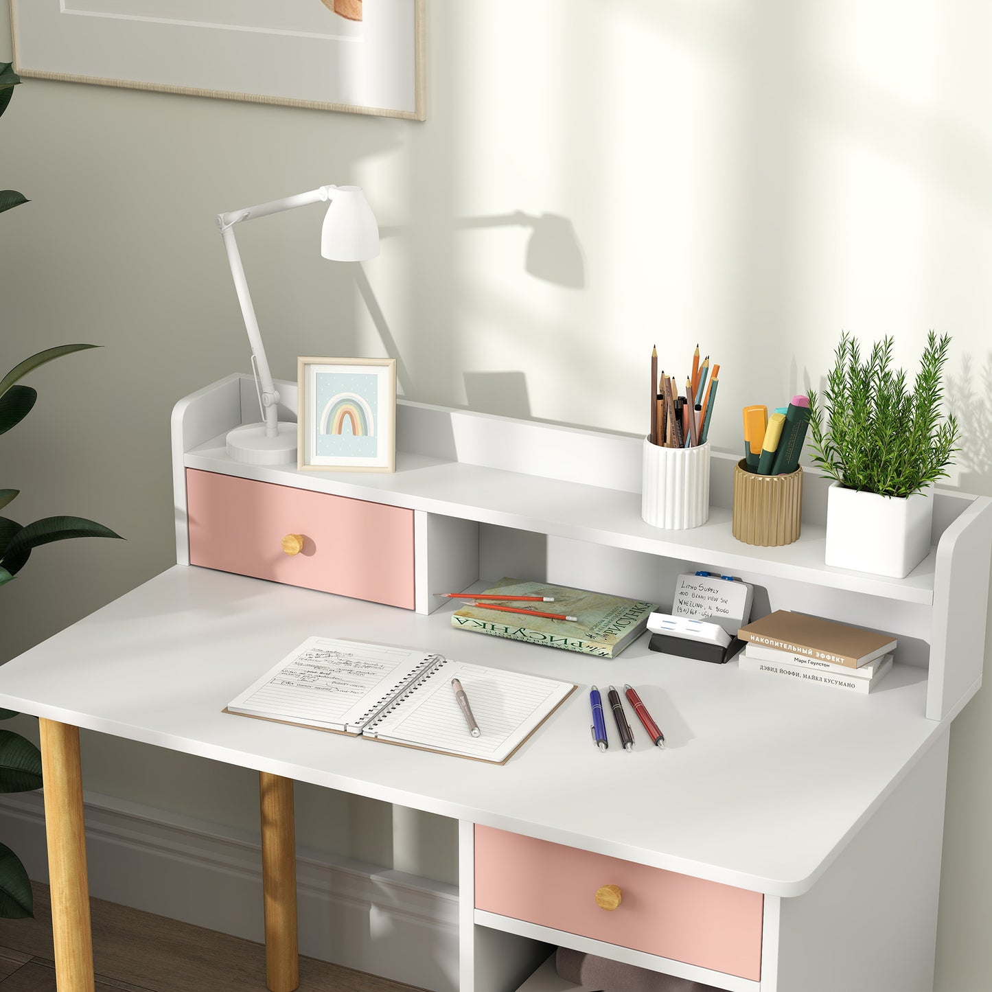 Kids Study Table and Chair Set, Kids Desk and Chair Set w/ Storage and Shelves, for 3-8 Year Old, Pink Kids Desk Sets   at Gallery Canada