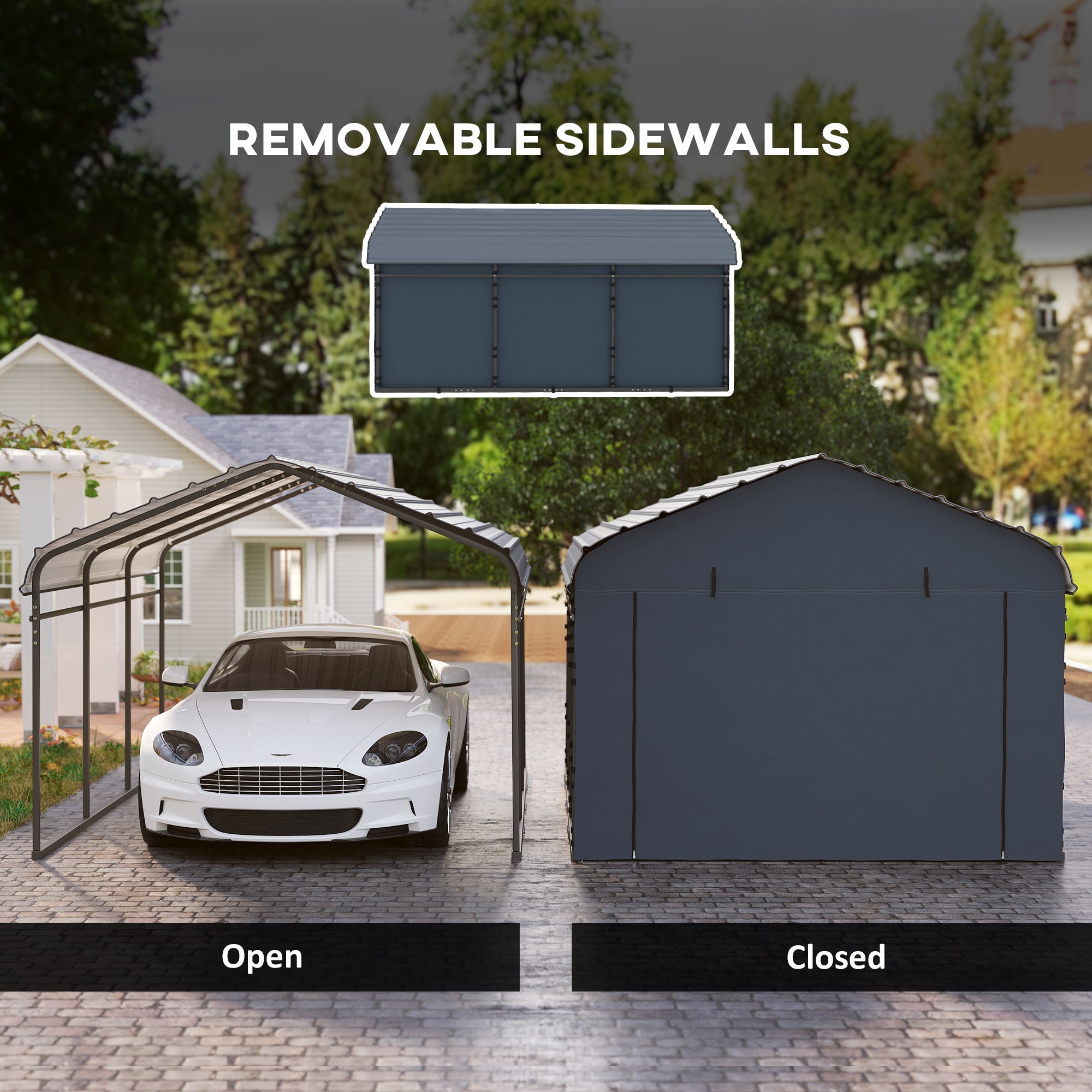 10' x 15' Metal Carport, Heavy Duty Garage Car Shelter with Galvanized Metal Roof and Removable Sidewalls, Dark Grey Car Shelters at Gallery Canada