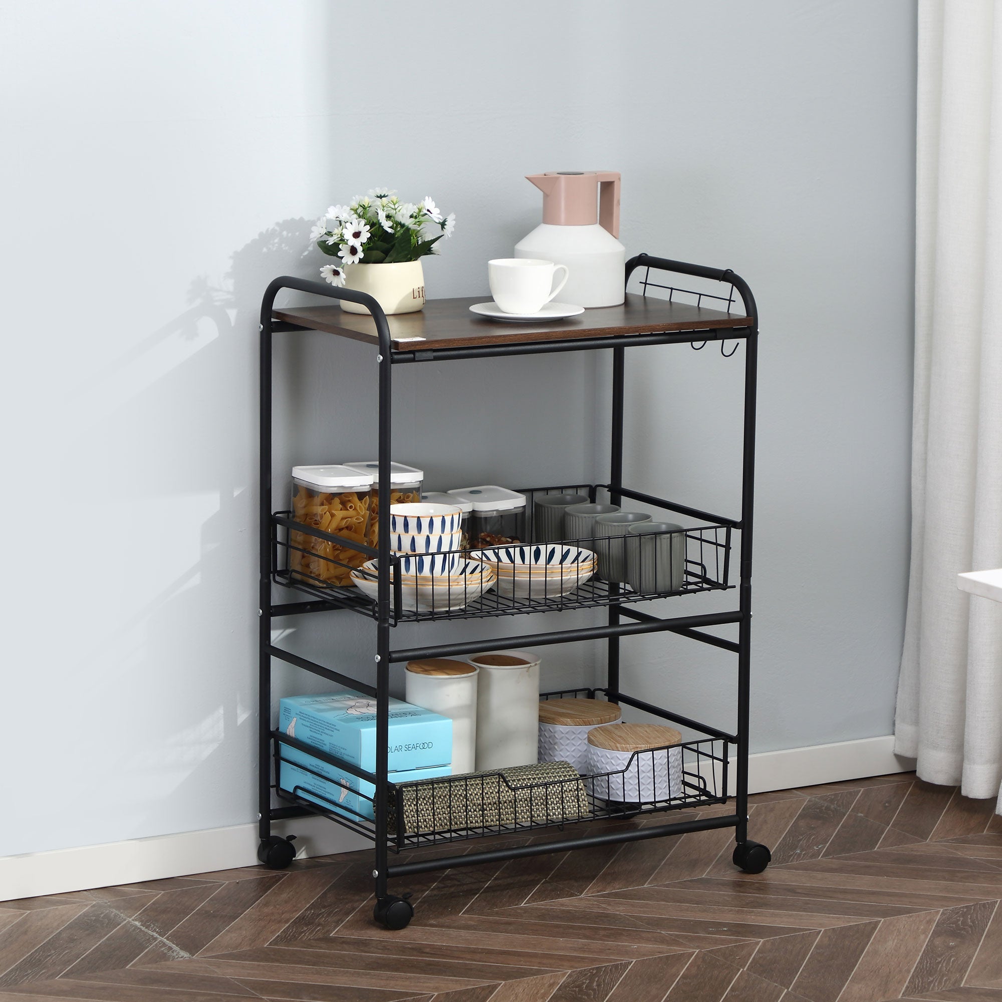 Rolling Kitchen Cart, 3-Tier Utility Storage Cart with 2 Basket Drawers &; Side Hooks, Lockable Casters for Dining Room Kitchen Islands & Kitchen Carts   at Gallery Canada