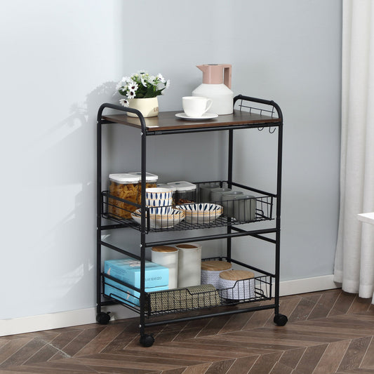 Rolling Kitchen Cart, 3-Tier Utility Storage Cart with 2 Basket Drawers &; Side Hooks, Lockable Casters for Dining Room - Gallery Canada