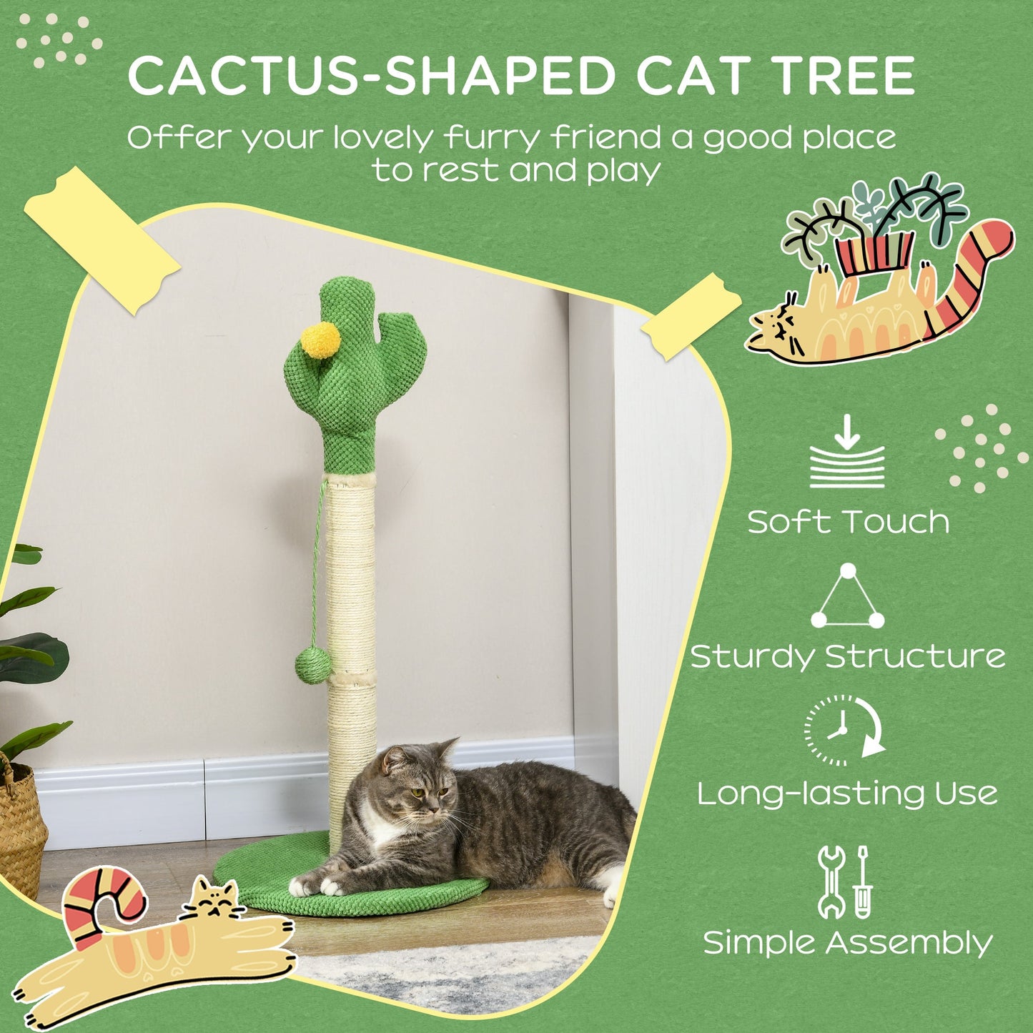 33" Cactus Cat Scratching Post for Indoor Cats, Sisal Cat Scratcher with Hanging Ball, Green Cat Posts   at Gallery Canada