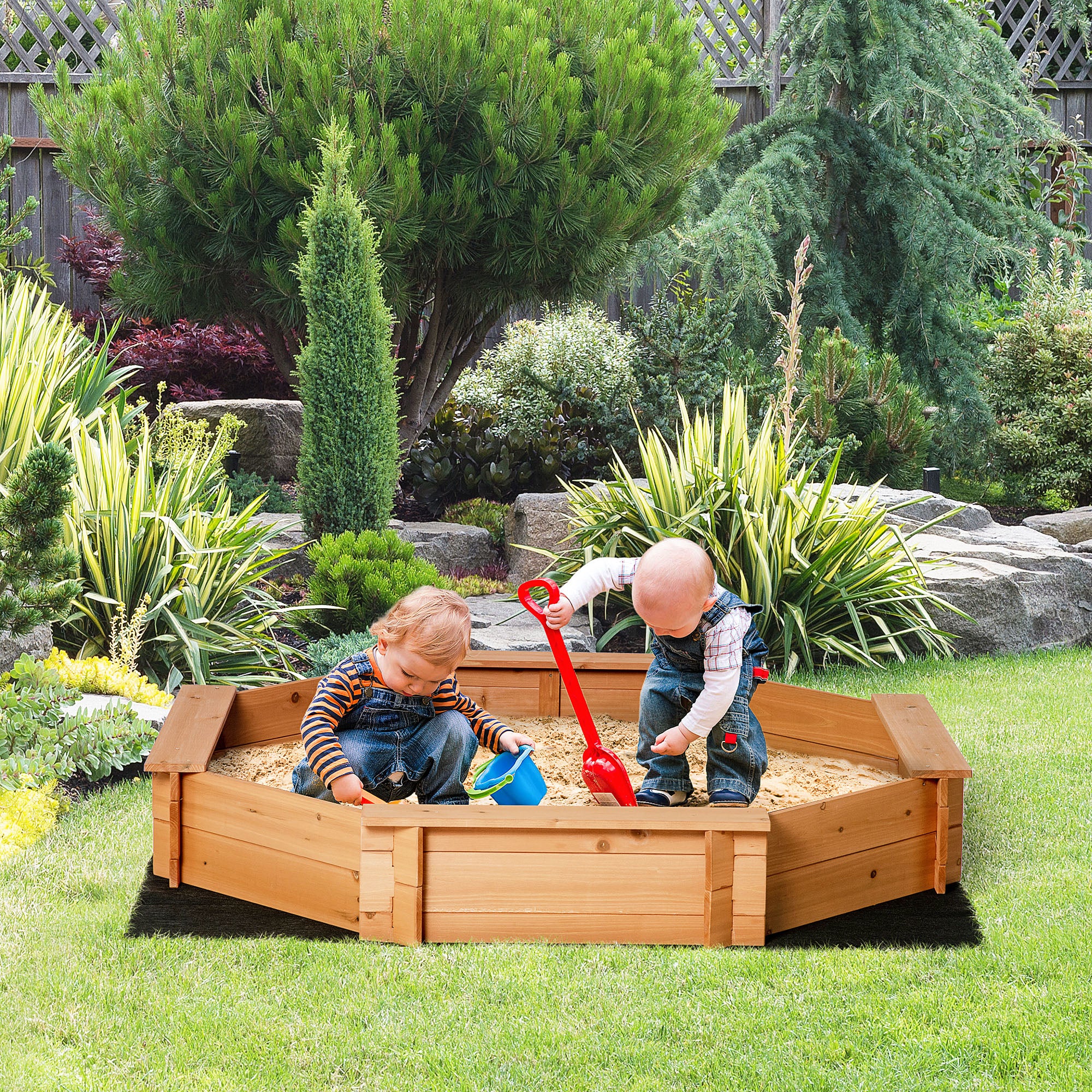 Kids Sandbox with Cover and Seat, Outdoor Children Sand Playset for Backyard, Boys and Girls, Red, 55