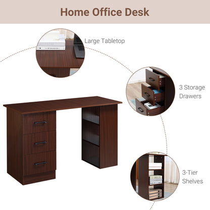 Computer Desk with 3-Tier Storage Shelves, 47 Inches Home Office Desk with Drawers, Study Writing Table, Walnut Writing Desks   at Gallery Canada