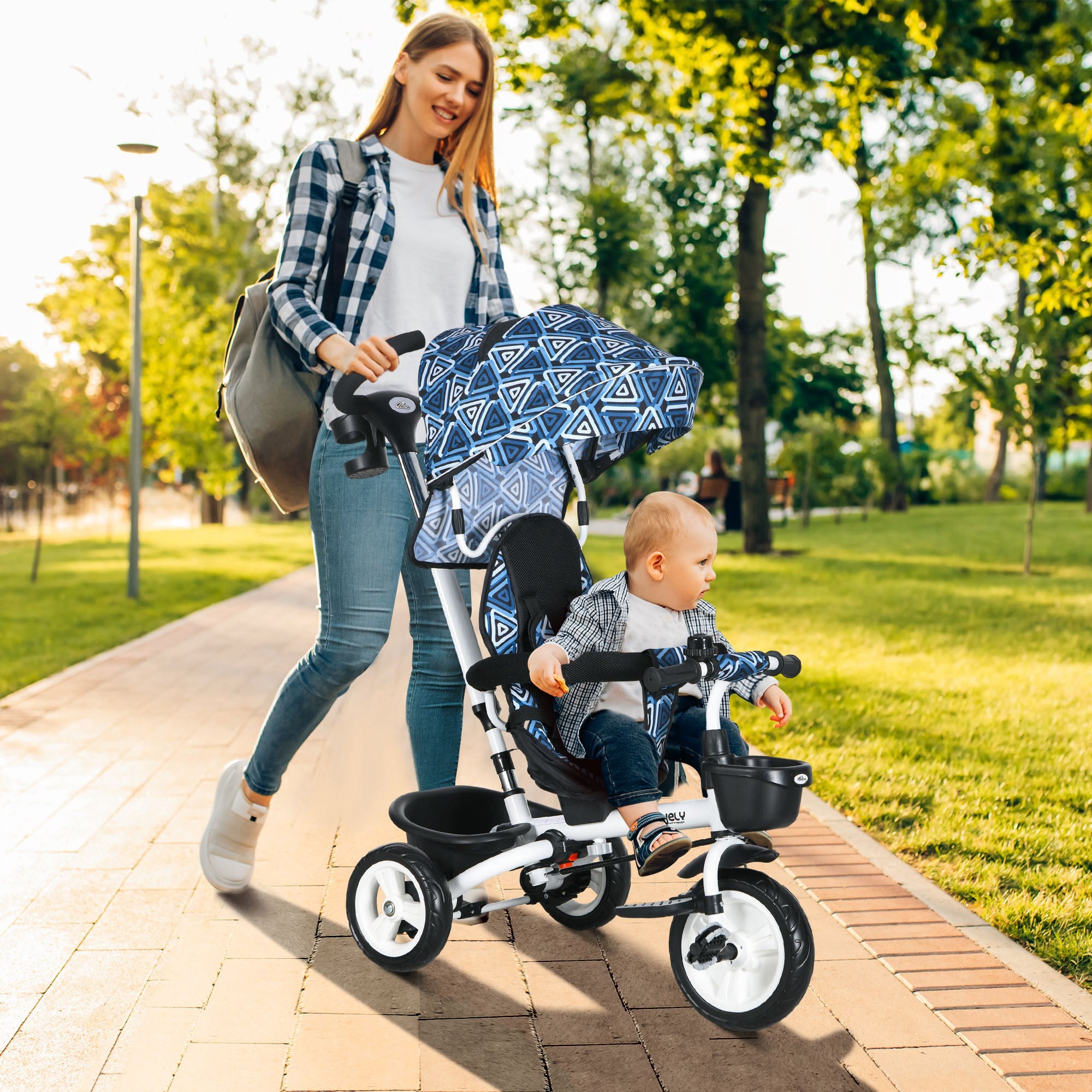 6 in 1 Toddler Tricycle with Parent Push Handle, Canopy, Storage Baskets, Cupholder, Light Blue Tricycles for Kids at Gallery Canada