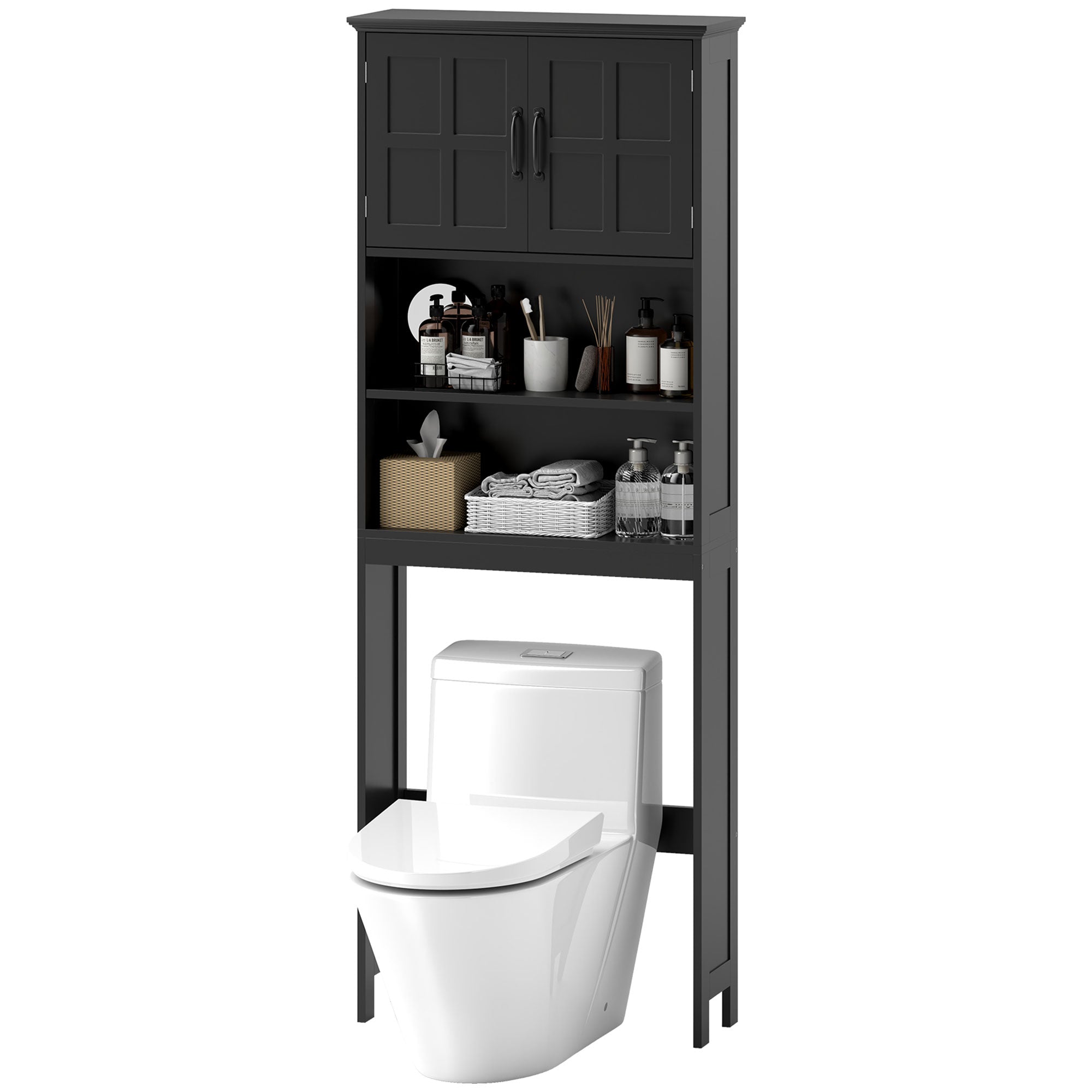 Modern Over The Toilet Storage, Bathroom Cabinets Over Toilet with Open Shelves and Double Door Cabinet, Black Bathroom Cabinets   at Gallery Canada