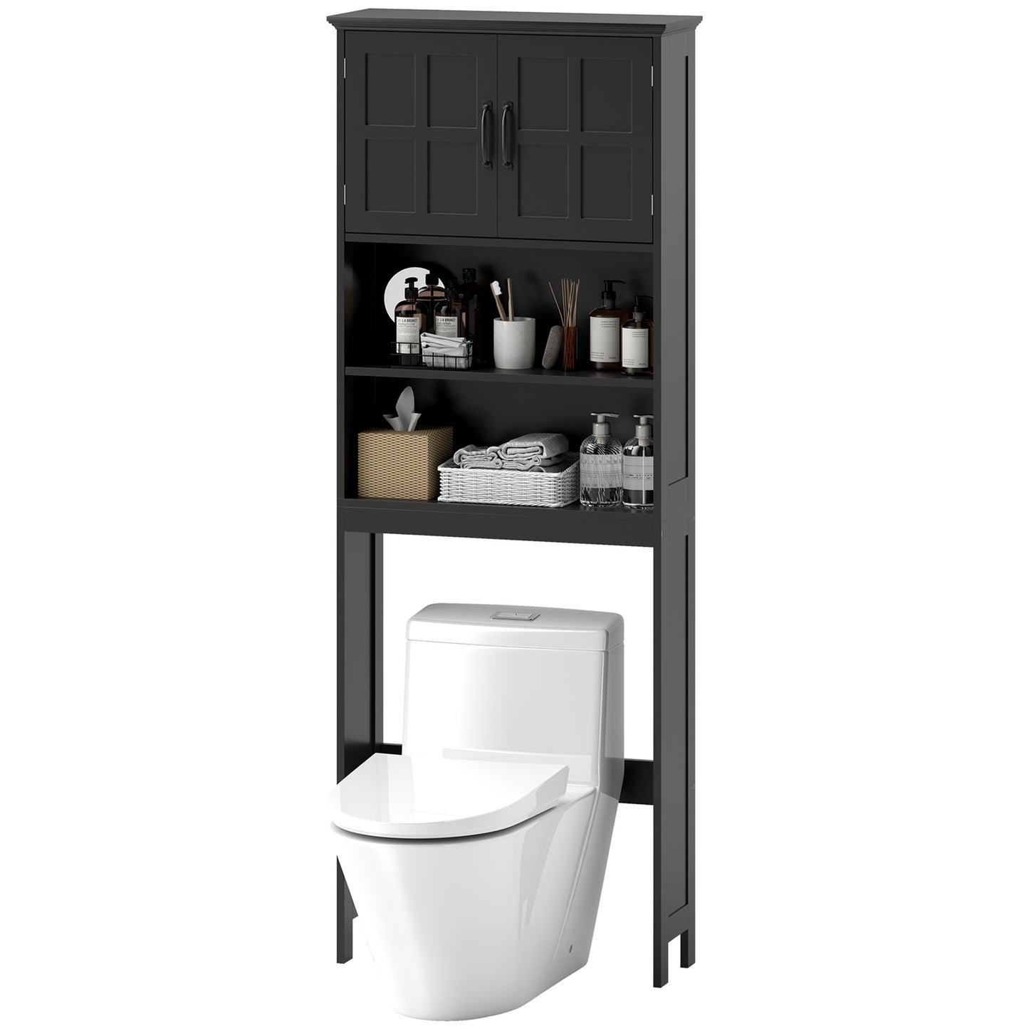 Modern Over The Toilet Storage, Bathroom Cabinets Over Toilet with Open Shelves and Double Door Cabinet, Black Bathroom Cabinets   at Gallery Canada