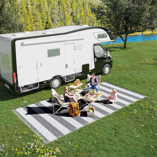 Reversible Outdoor RV Rug, Patio Floor Mat, 9' x 18' Plastic Straw Rug for Backyard, Deck, Beach, Camping, Grey &; White Garden Decor at Gallery Canada