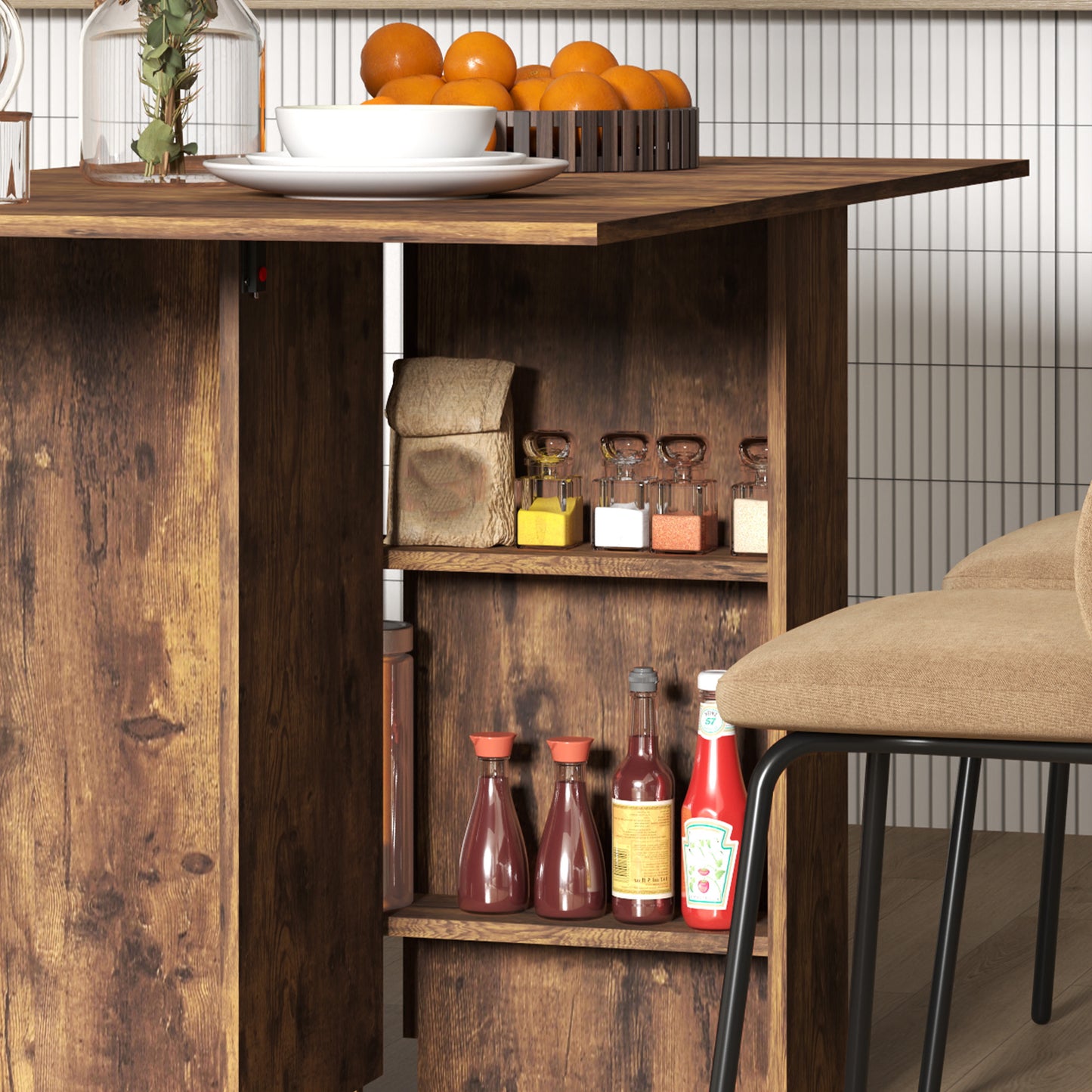 Extendable Dining Table, Collapsible Folding Table w/ 2-tier Shelves and Rolling Casters, Rustic Brown Dining Tables at Gallery Canada