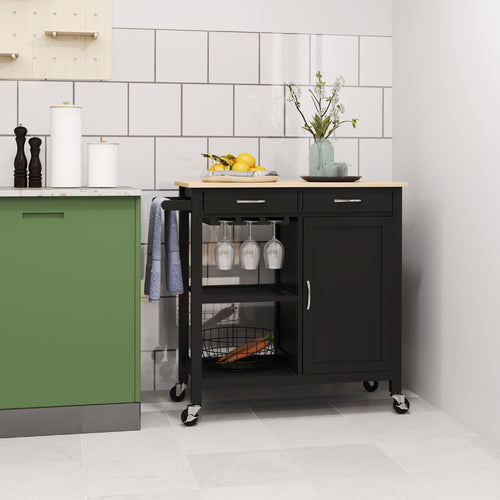 Kitchen Storage Trolley Cart Serving Cart 2 Drawers Wine Glass Rack Towel Rail