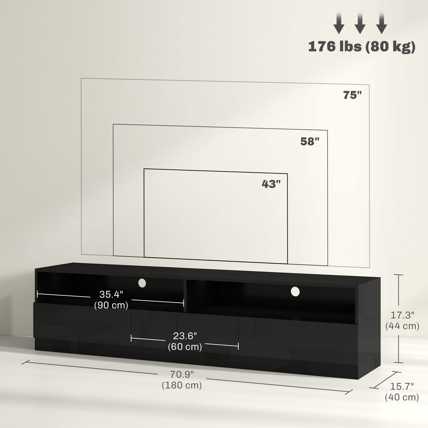 LED Lighted TV Stand for TVs up to 75", Modern TV Cabinet with Storage Drawers for Living Room, High Gloss Black TV Stands   at Gallery Canada