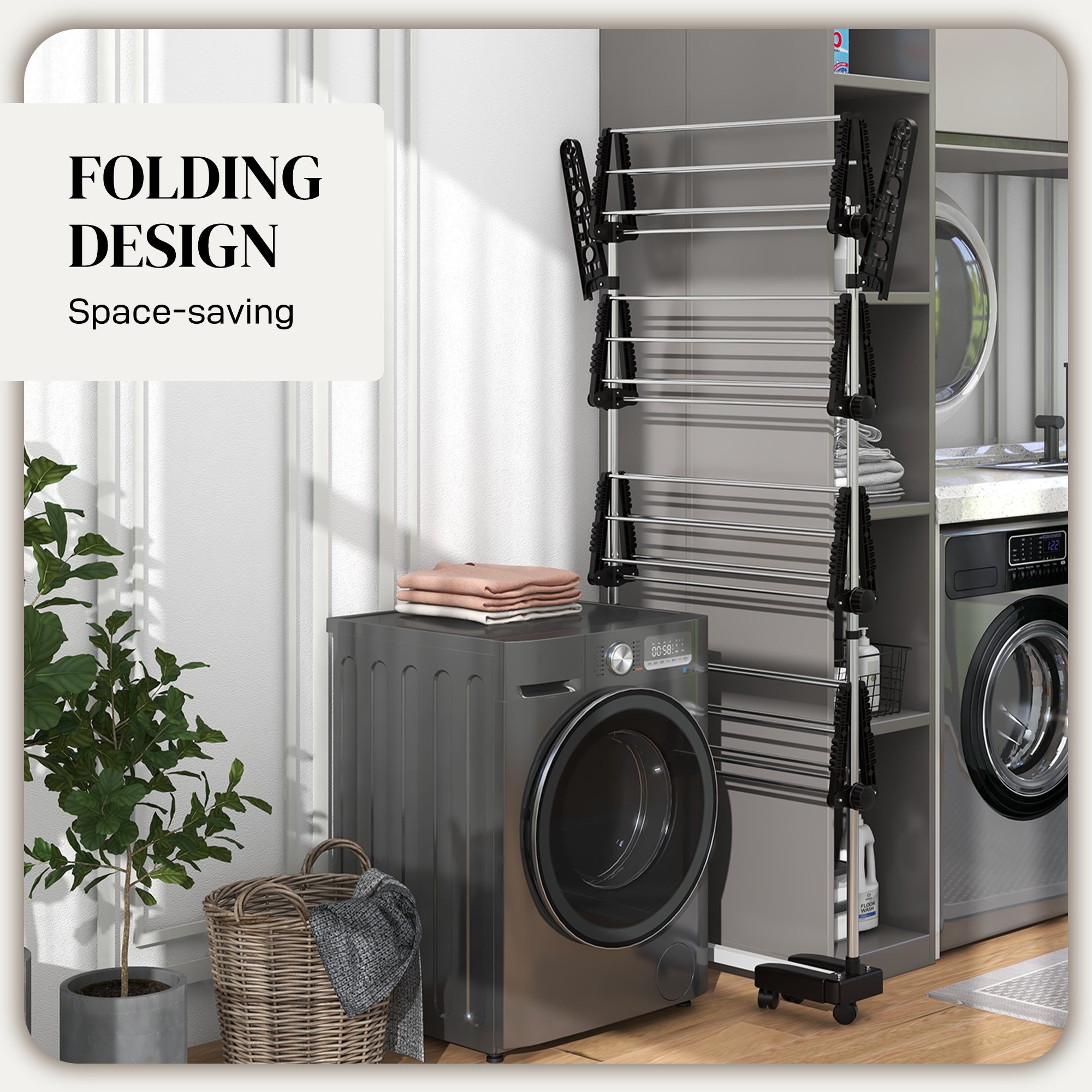 Garment Drying Rack Stainless Steel Folding Clothes Hanging Rack with Side Wings Castors for Indoor Outdoor Black Bath Accessories at Gallery Canada