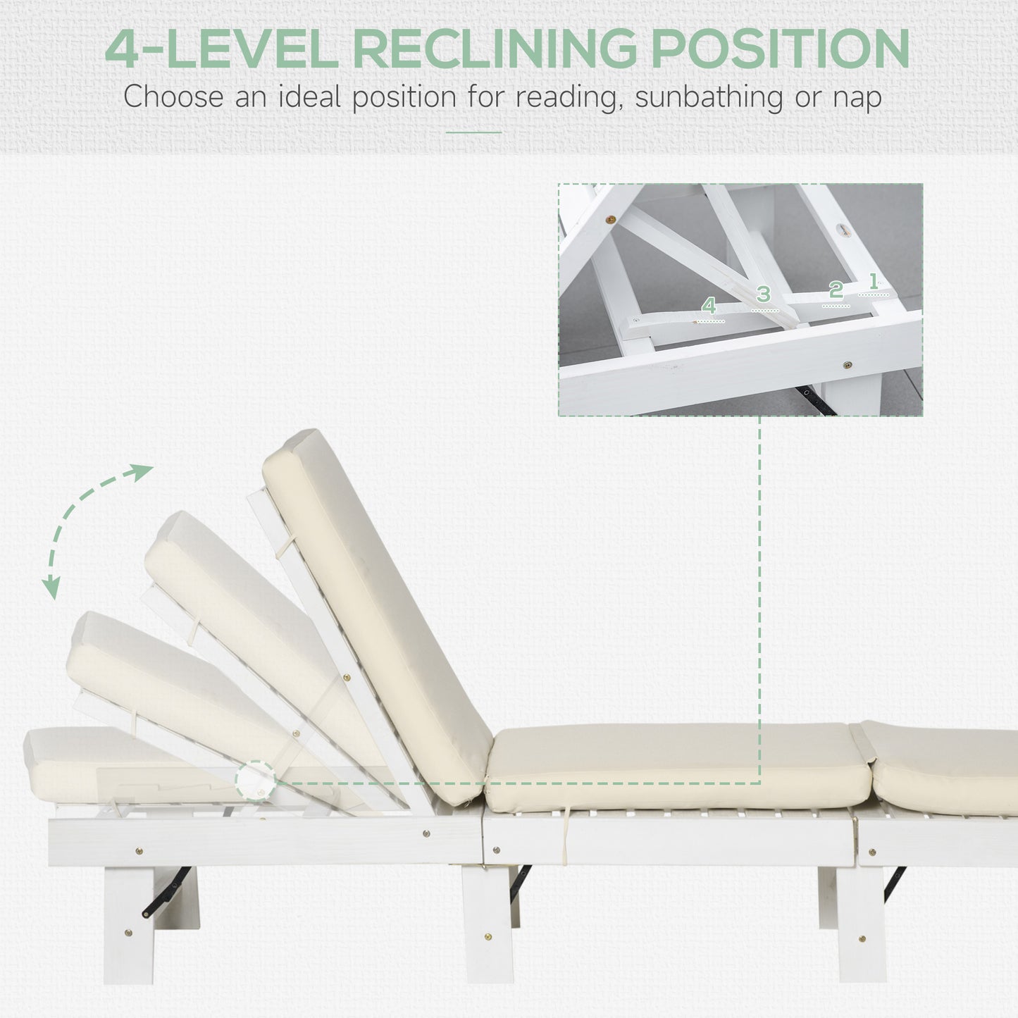 Wooden Folding Chaise Lounge, Outdoor Chaise Lounge Chair, Garden Reclining Tanning Chair with 4 Adjustable Back Soft Cushions, White Chaise Loungers   at Gallery Canada