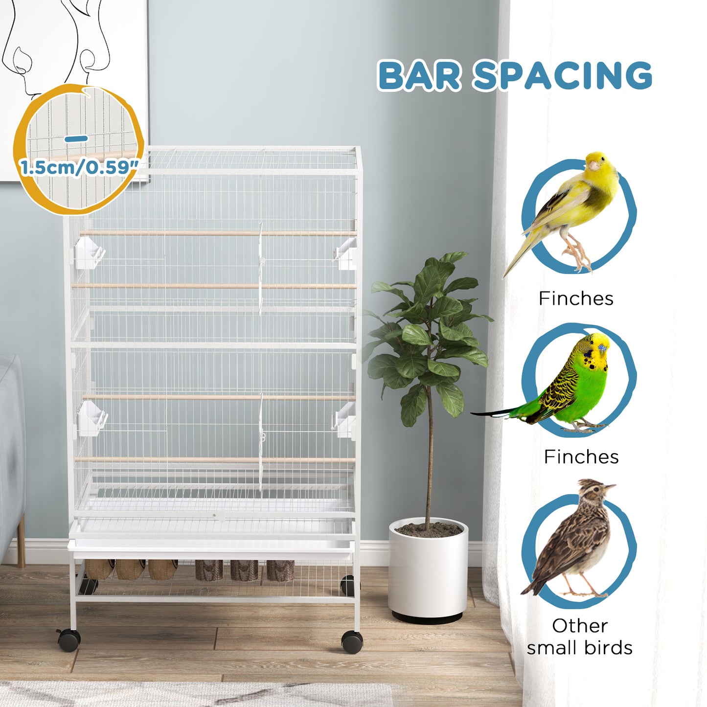 52" Large Rolling Steel Bird Cage Bird House with Rolling Stand, Storage Shelf, Wood Perch, Food Container, Grey Bird Cages   at Gallery Canada