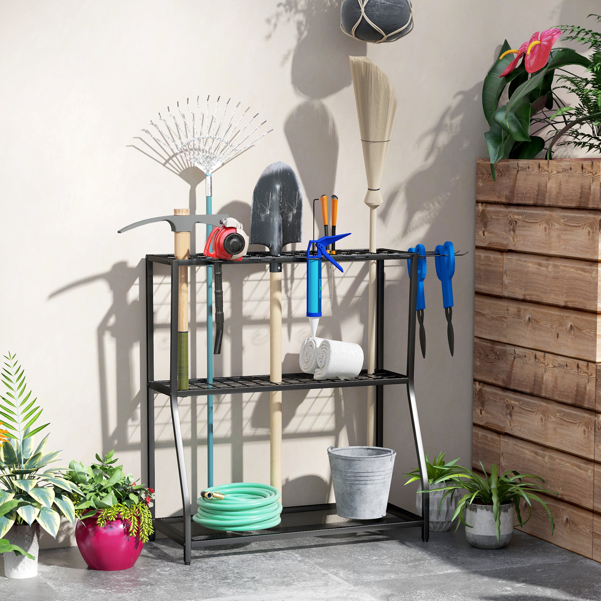 3-Tier Yard Tool Tower Rack, Garden Tool Organizer with Hooks for Long-Handled Rakes, Shovel, Broom, Black Garden Accessories Black at Gallery Canada