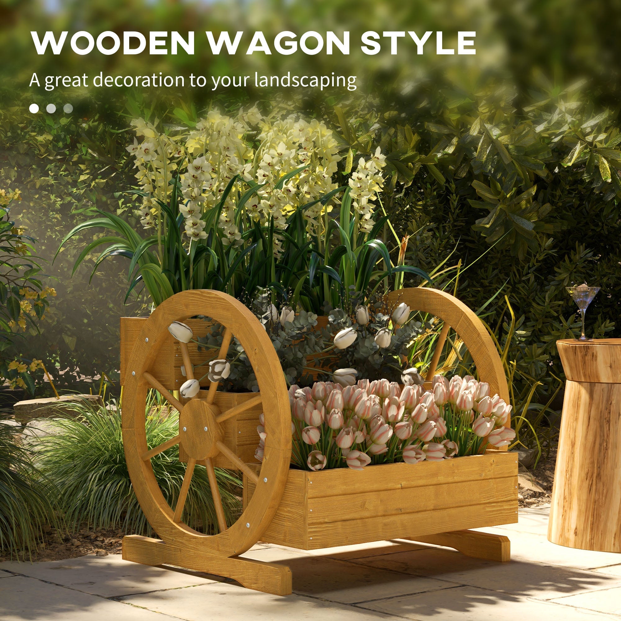 Wooden Wagon Planter Box, 3-Tier Raised Garden Bed, for Vegetables Flowers Herbs, 24