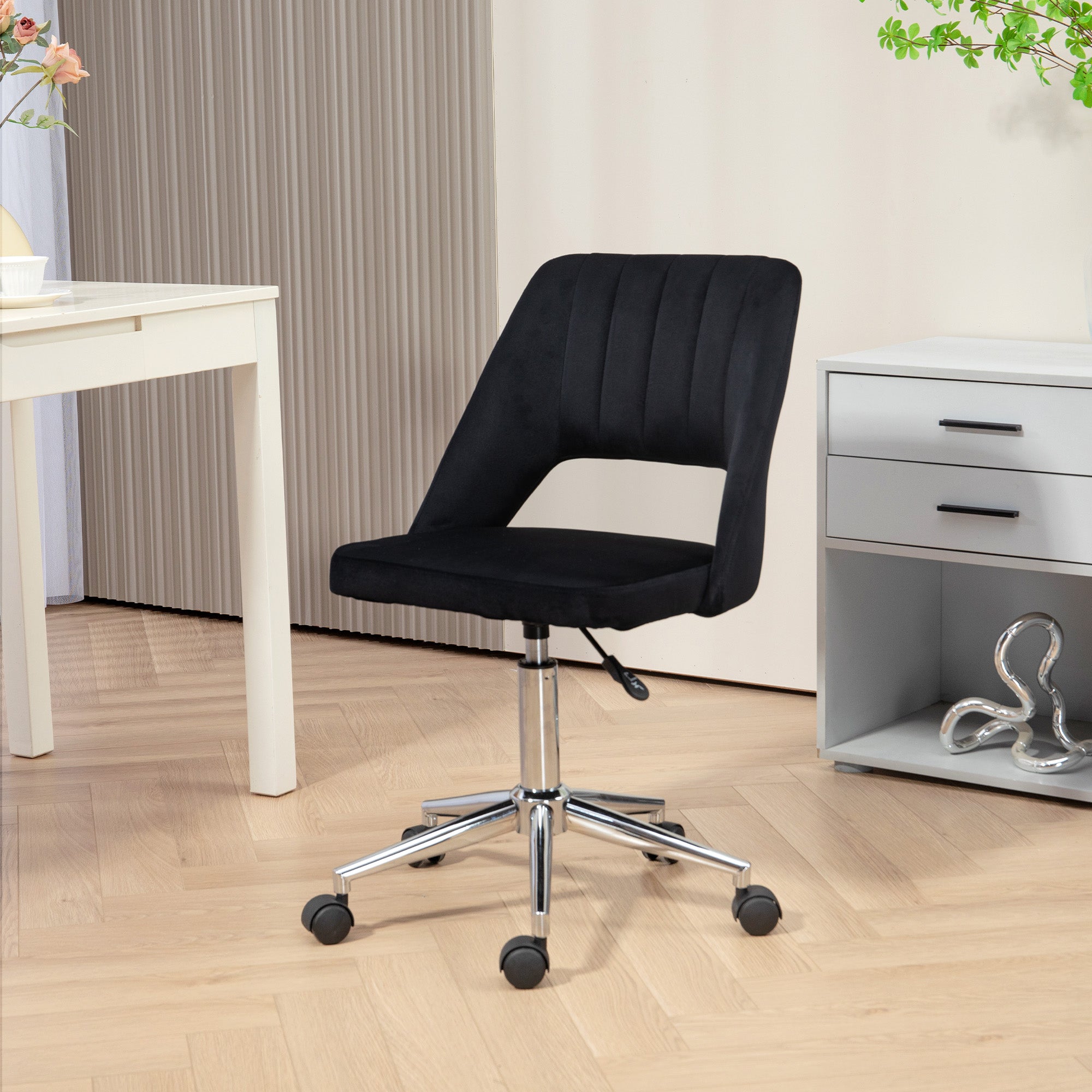 Mid Back Office Chair Velvet Fabric Swivel Scallop Shape Computer Desk Chair, Black Office Chairs at Gallery Canada