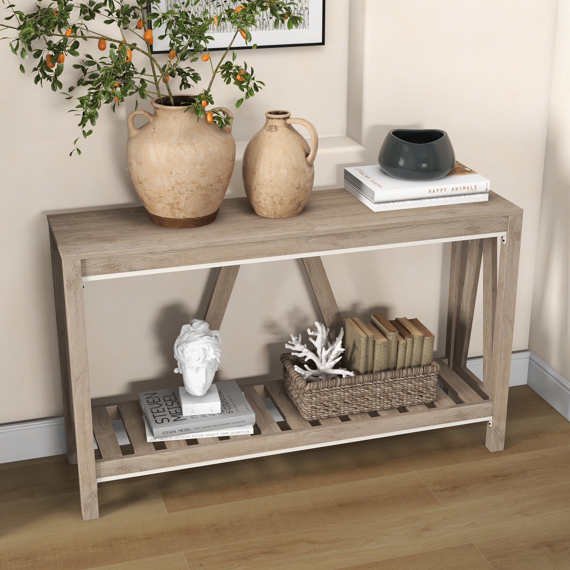 Farmhouse Entryway Table, Rustic Console Table with Storage Shelf for Living Room and Hallway, Distressed Grey Console Tables Distressed Grey  at Gallery Canada