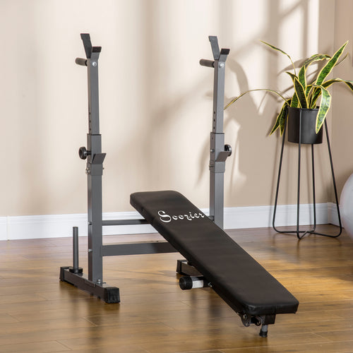 Adjustable Weight Bench, Foldable Bench Press with Barbell Rack and Dip Station for Home Gym, Strength Training Multiuse Workout Bench, Black and Grey
