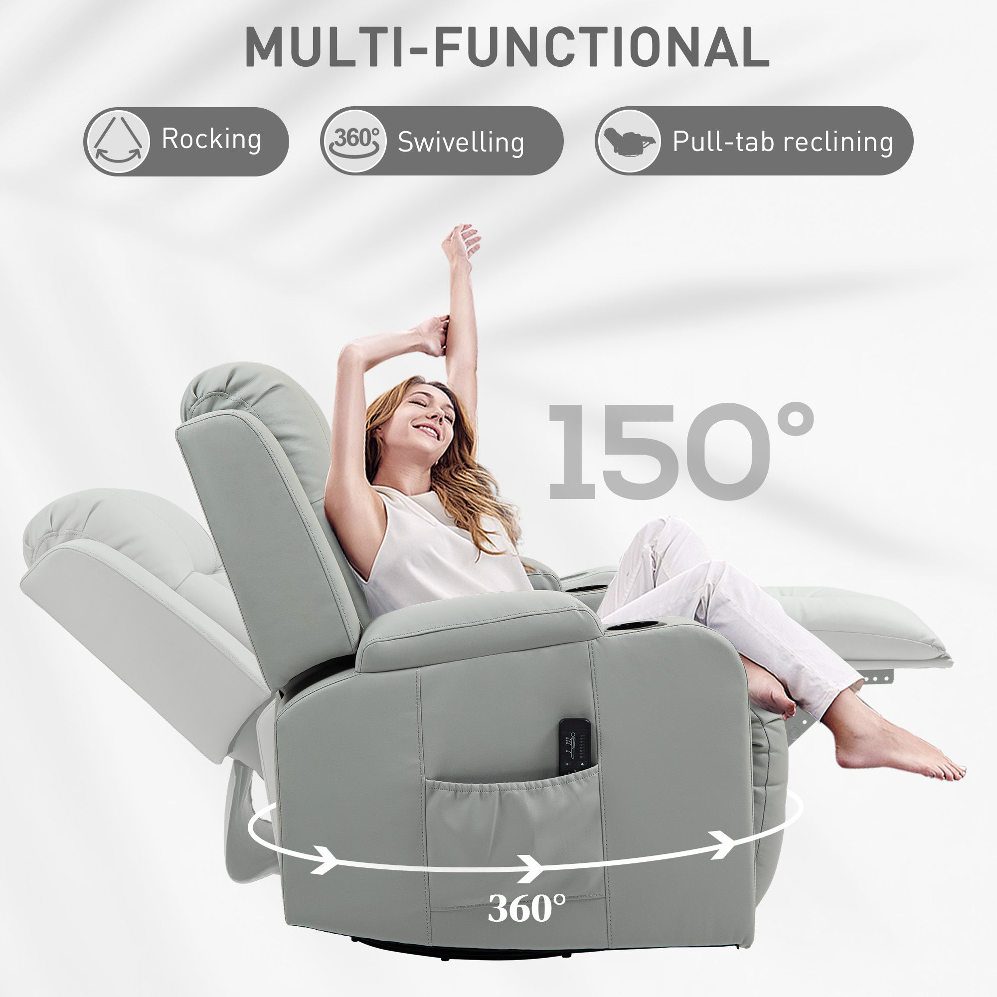 Recliner Chair with 8 Vibration, Overstuffed PU Leather Reclining Chair with Wide Seat, Cup Holders, Rocking, Light Grey Sofas & Reclining Chairs at Gallery Canada