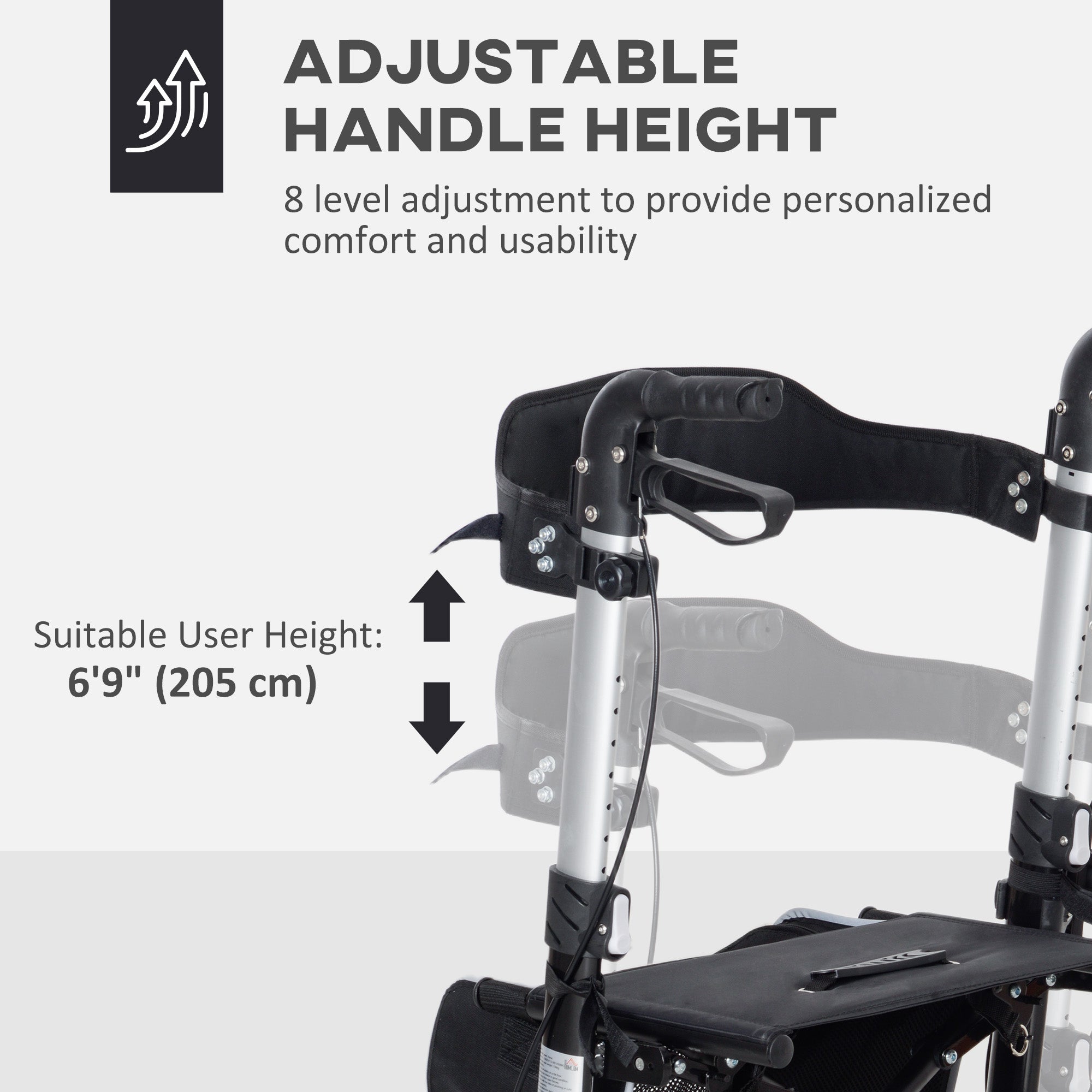 Lightweight Folding Rolling Walker with Large Seat, Back, Adjustable Handle, Bag, Dual Brake, Cane Holder, Black Knee Walker & Wheelchair Ramps at Gallery Canada