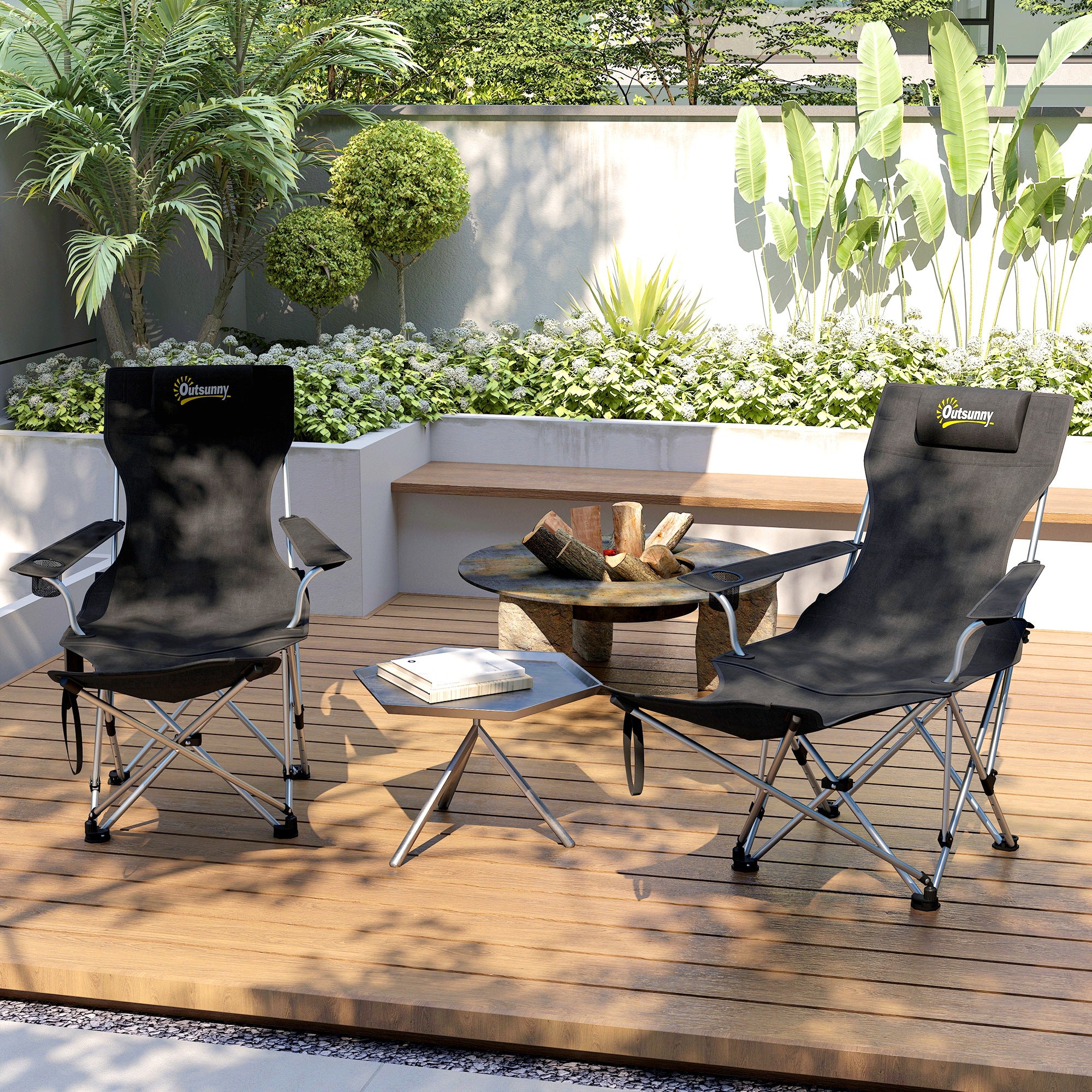 Set of 2 Reclining Camping Chair with Foot Rest, Folding Camping Chair w/ Headrest, Cup Holder, Storage Bag, Black Picnic Tables & Camping Chairs at Gallery Canada