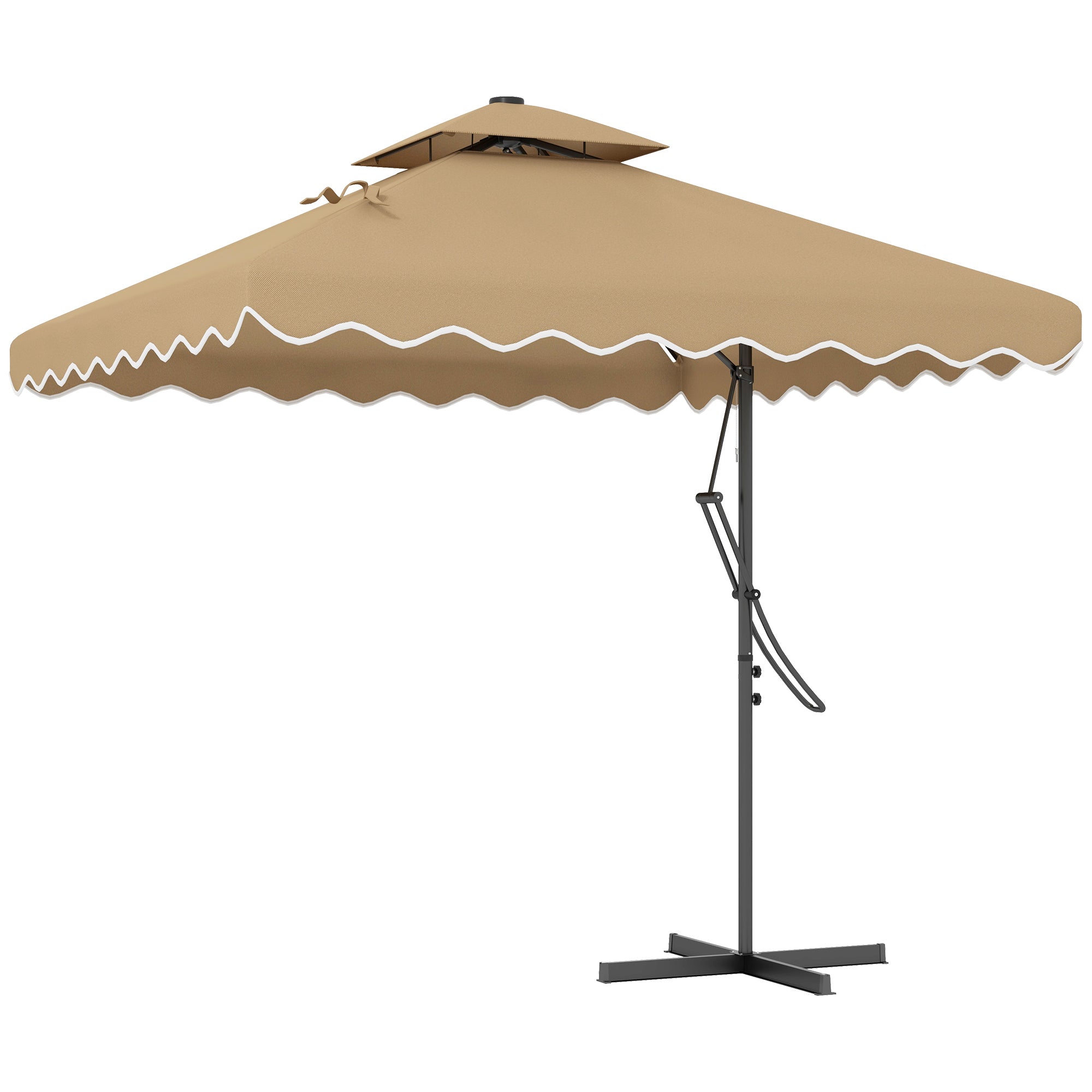 8' x 8' Square Double Top Offset Patio Umbrella Garden Parasol with Solar LED Lights, Ruffles and Weights, Khaki Cantilever Umbrellas Khaki  at Gallery Canada