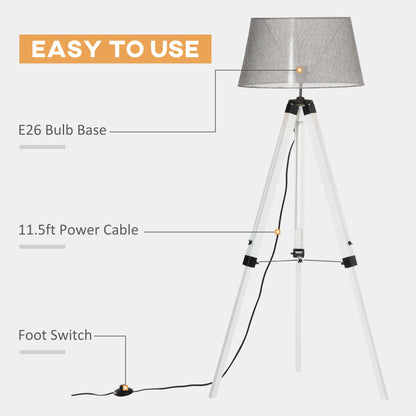 Tripod Floor Lamp, Adjustable Height Wooden Standing Lamp with E26 Lamp Base for Living Room, Bedroom, White and Grey Floor Lamps & Ceiling Fan Lights   at Gallery Canada