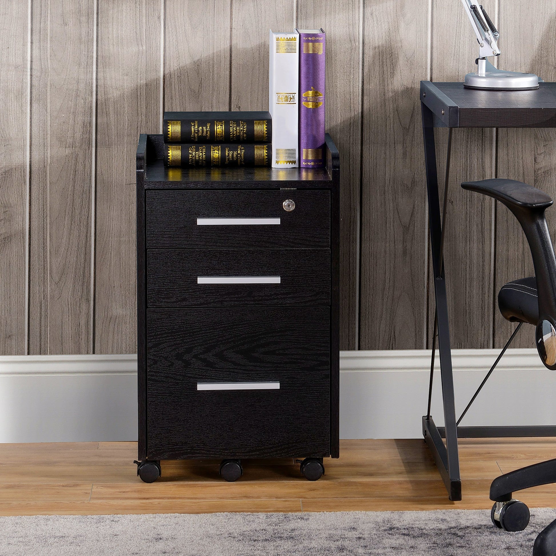 Vertical Filing Cabinet 3-Drawer, Mobile File Cabinet with Lock and Wheels for A4, Letter Size, Black Office Cabinets & Cupboards   at Gallery Canada