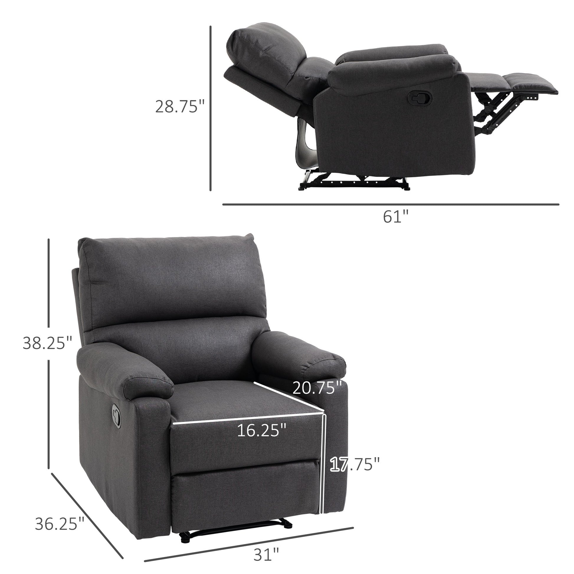 Recliner Chair, Manual Reclining Chair with Footrest, Padded Seat for Living Room, Bedroom, Study, Dark Grey Single Sofas   at Gallery Canada