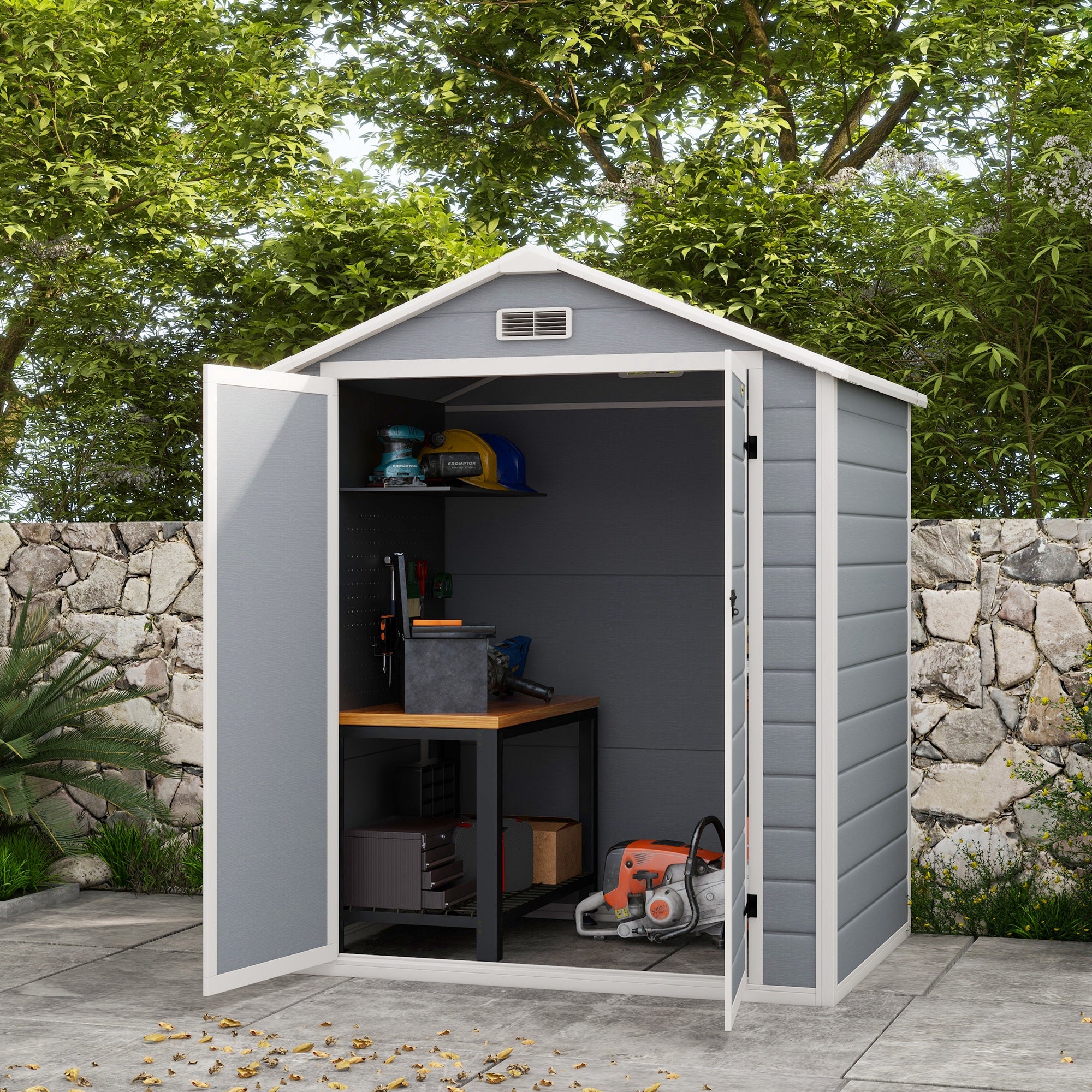 6x4.5FT Plastic Shed, Lockable Garden Tool Storage House with Double Doors and Vent, Grey Sheds   at Gallery Canada