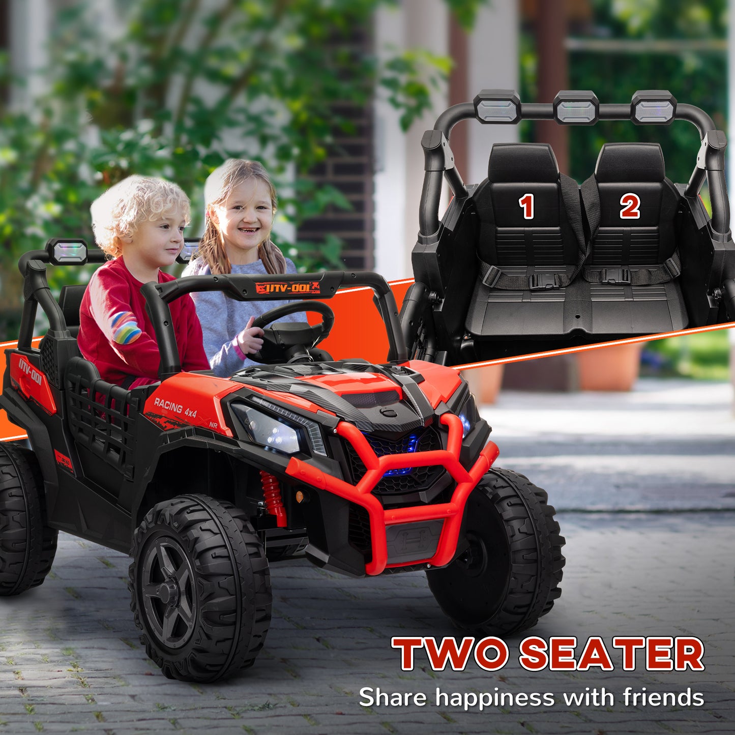 2 Seater 24V Electric Car for Kids w/ Remote Control, 3 Speed, LED Lights, Music, Horn, Spring Suspension, Red Electric Toy Cars   at Gallery Canada