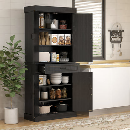 71" Freestanding Kitchen Pantry with 4 Doors and 2 Cabinets, Tall Storage Cabinet for Kitchen, Distressed Black Kitchen Pantry Cabinets   at Gallery Canada