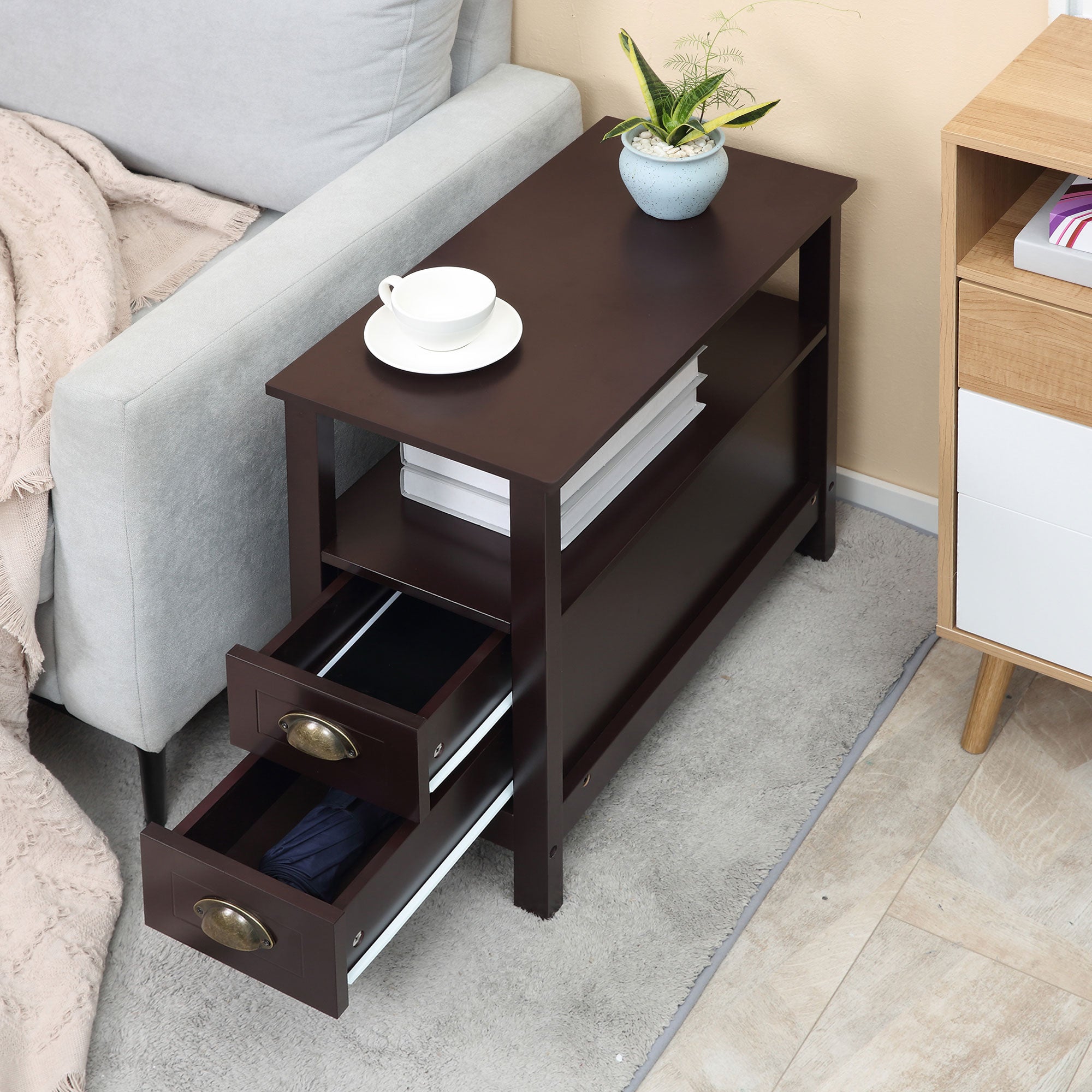 Slim End Table with 2 Drawers and Storage Shelf, Sofa Side Table for Living Room, Narrow Nightstand, Coffee Side Tables   at Gallery Canada