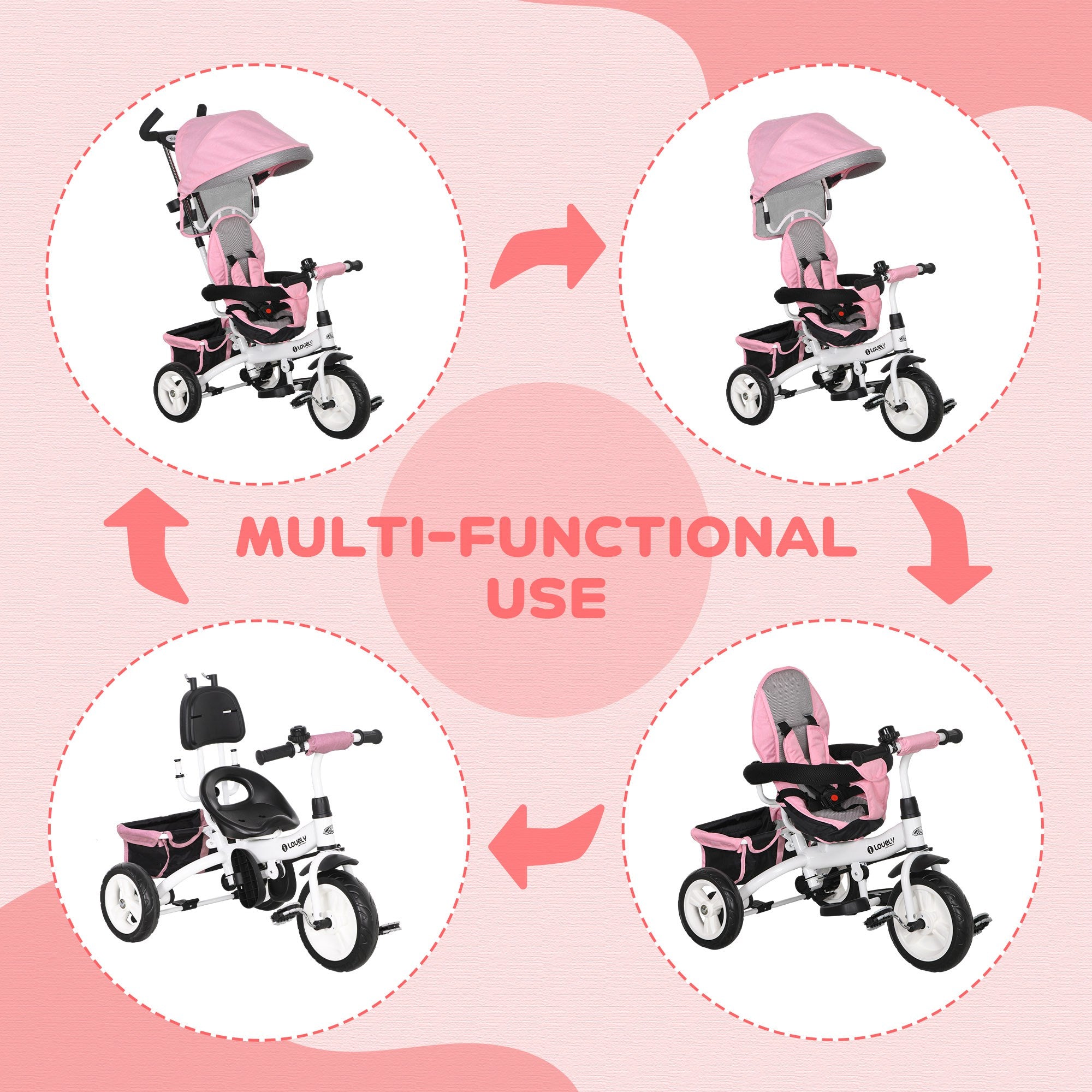 4 in 1 Toddler Tricycle Stroller with Basket, Canopy, 5-point Safety Harness, for 12-60 Months, Pink Tricycles for Kids   at Gallery Canada