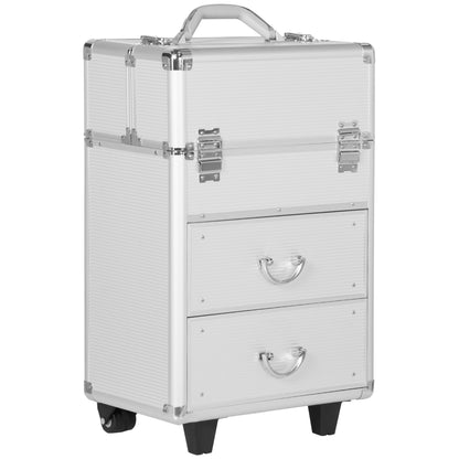 Rolling Makeup Train Case, Large Storage Cosmetic Trolley, Lockable Traveling Cart Trunk with Folding Trays, Swivel Wheels and Keys, Silver Makeup Cases Silver  at Gallery Canada