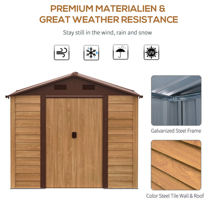 6.4' x 7.7' Outdoor Metal Garden Shed House Hut Gardening Tool Storage with Ventilation, Brown with Wood Grain Sheds   at Gallery Canada