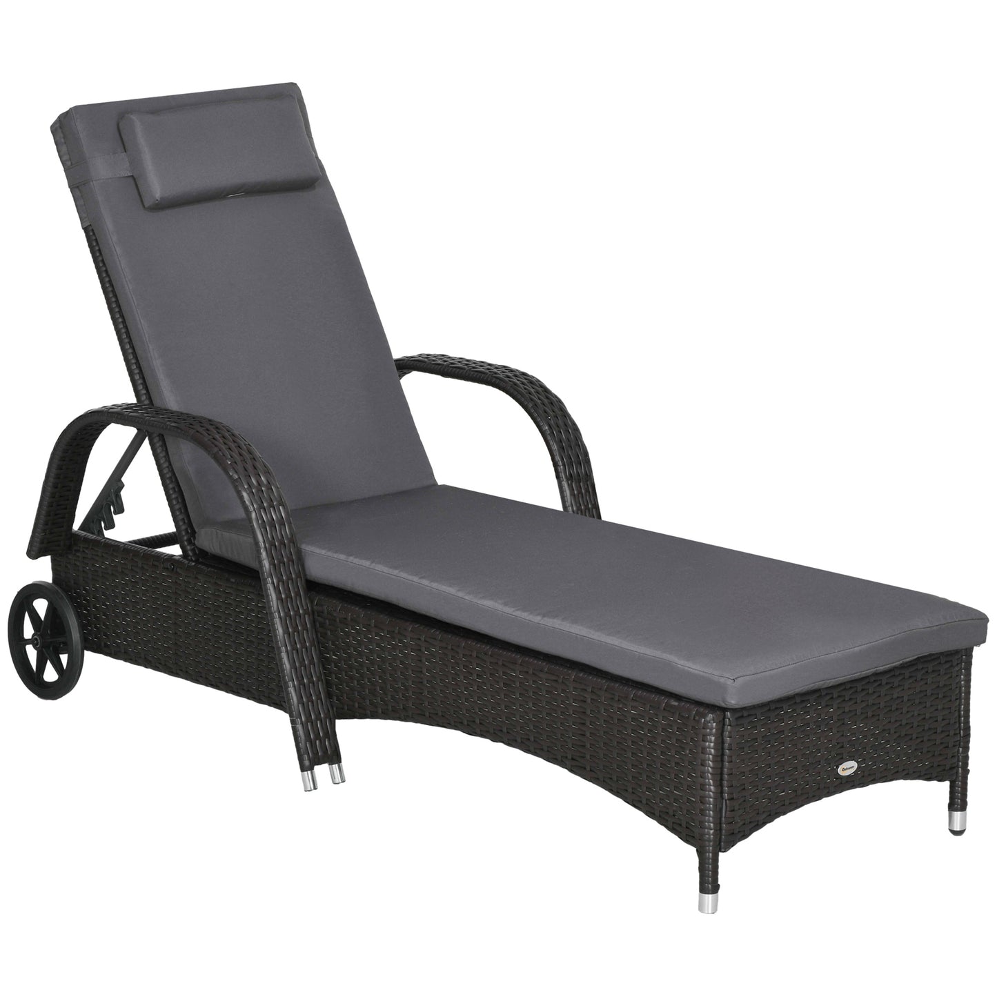 Outdoor Lounger, Deck Lounge Chair with Headrest, 5-Level Adjustable, Backrest, Wheels, Deep Coffee and Grey Chaise Loungers   at Gallery Canada