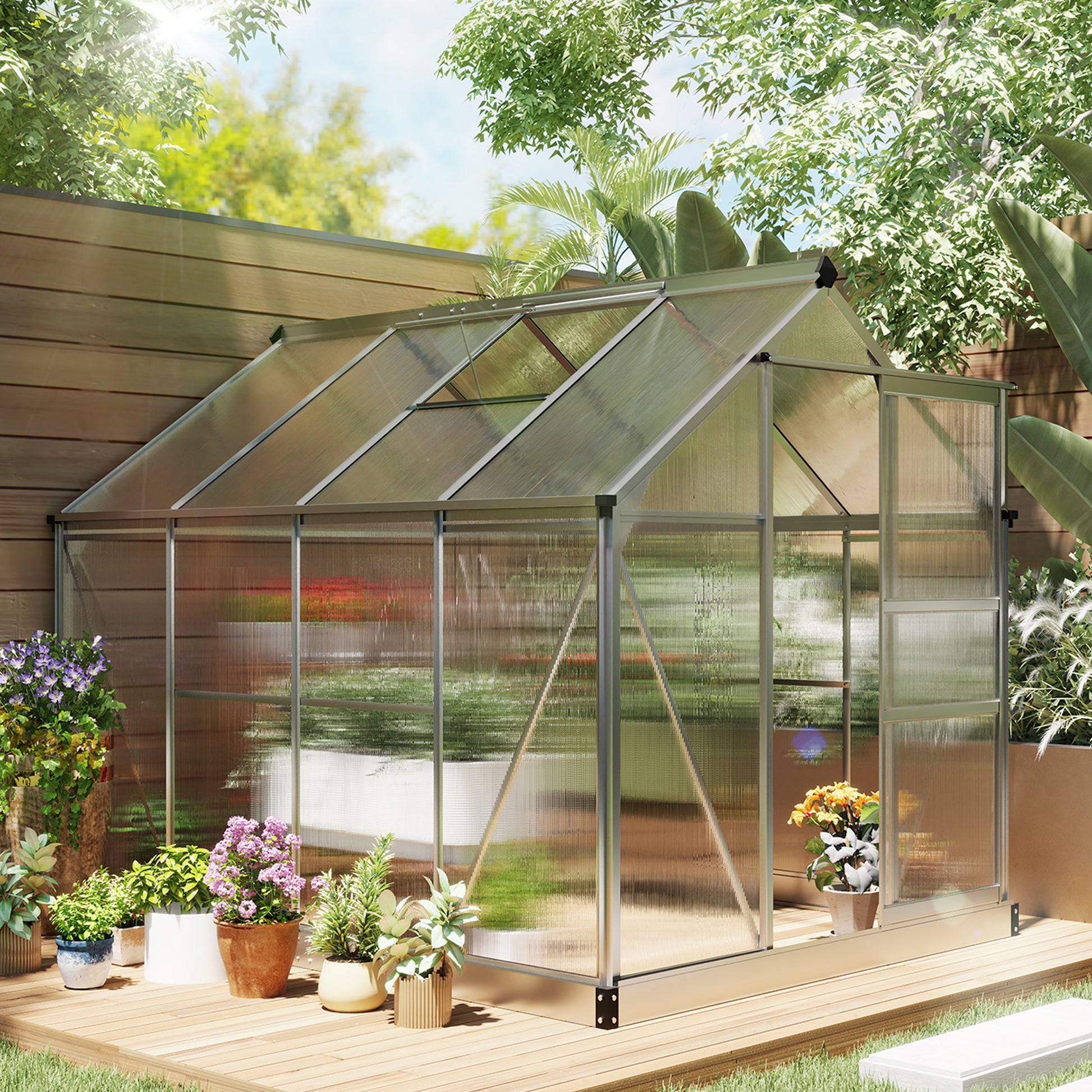 6' x 8' x 6.6' Polycarbonate Greenhouse, Walk-In Green House Kit Garden, Plants Grow, Galvanized Sheet Aluminum Frame with Rain Gutter, Vent and Sliding Door, Silver Walk In Greenhouses Silver at Gallery Canada