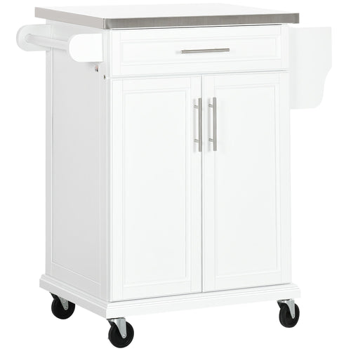 Rolling Kitchen Island, Kitchen Serving Cart with Stainless Steel Table Top on Wheels, White
