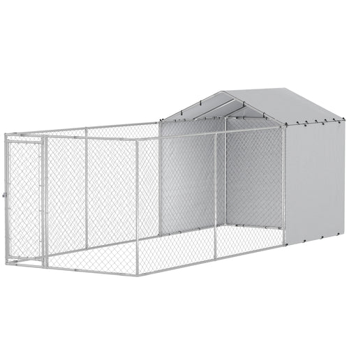 Galvanized Steel Dog Kennel Outdoor with Waterproof &; UV-Resistant Cover for Large Dogs, 19.7' x 7.5' x 7.5'