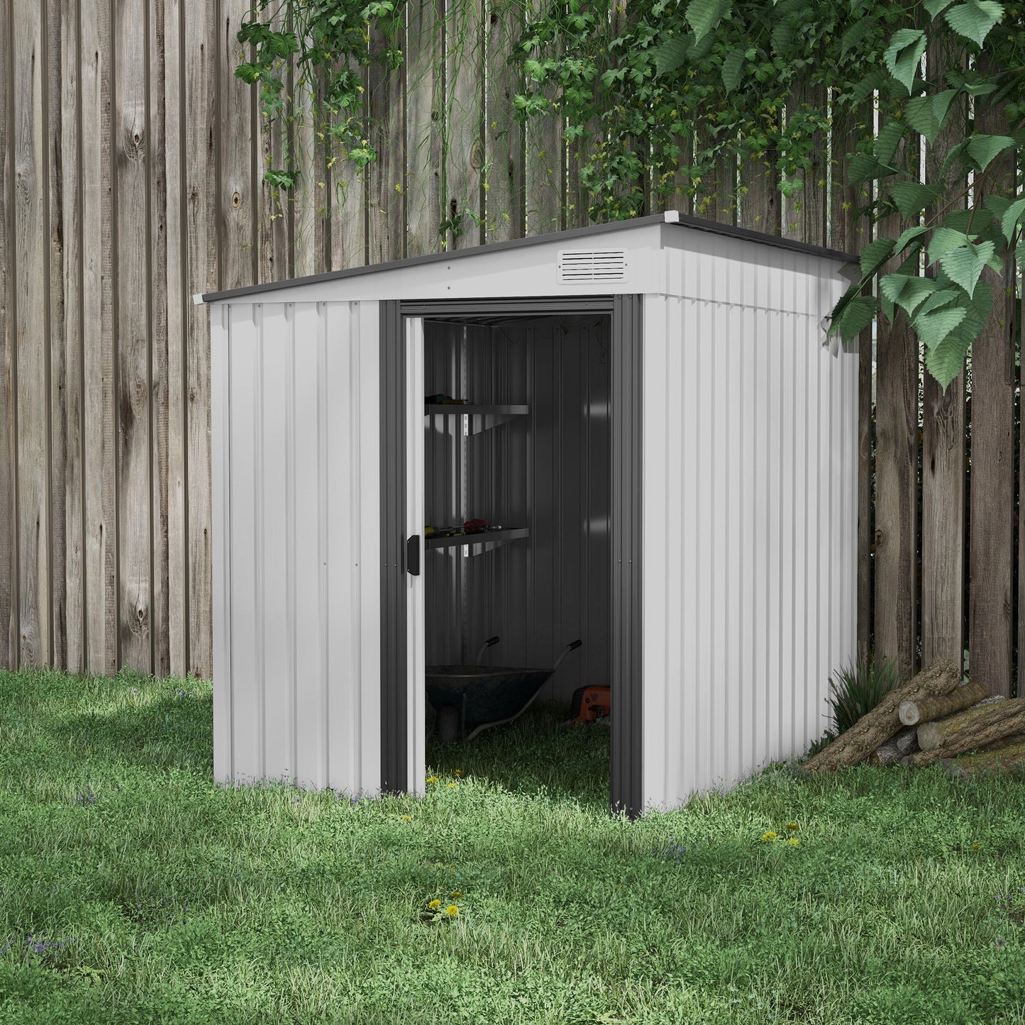 5'x7' Lean to Galvanised Metal Shed with Foundation, Garden Tool Storage House with Sliding Door and 2 Vents, Grey Sheds   at Gallery Canada