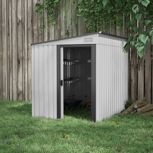 5'x7' Lean to Galvanised Metal Shed with Foundation, Garden Tool Storage House with Sliding Door and 2 Vents, Grey