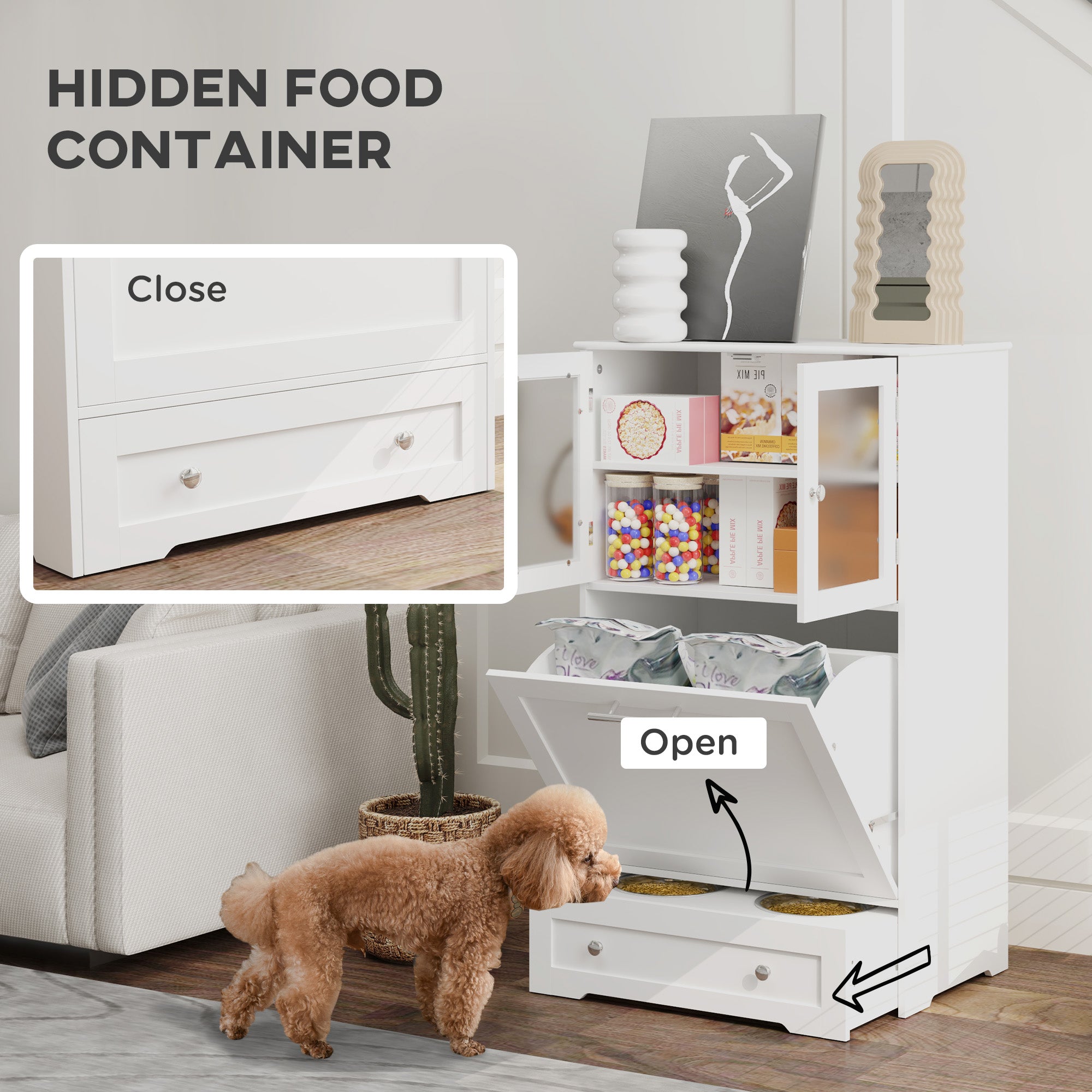 Dog Feeding Station with 2 Storage Cabinets, 2 Elevated Bowls, Side Hooks, Anti-tip Kit for Water and Feeding Supplies Dog Bowls at Gallery Canada